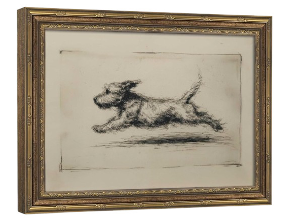 Vintage Gold Framed Wall Art Antique Terrier Sketch Running Dog Wall Decor 9x11\