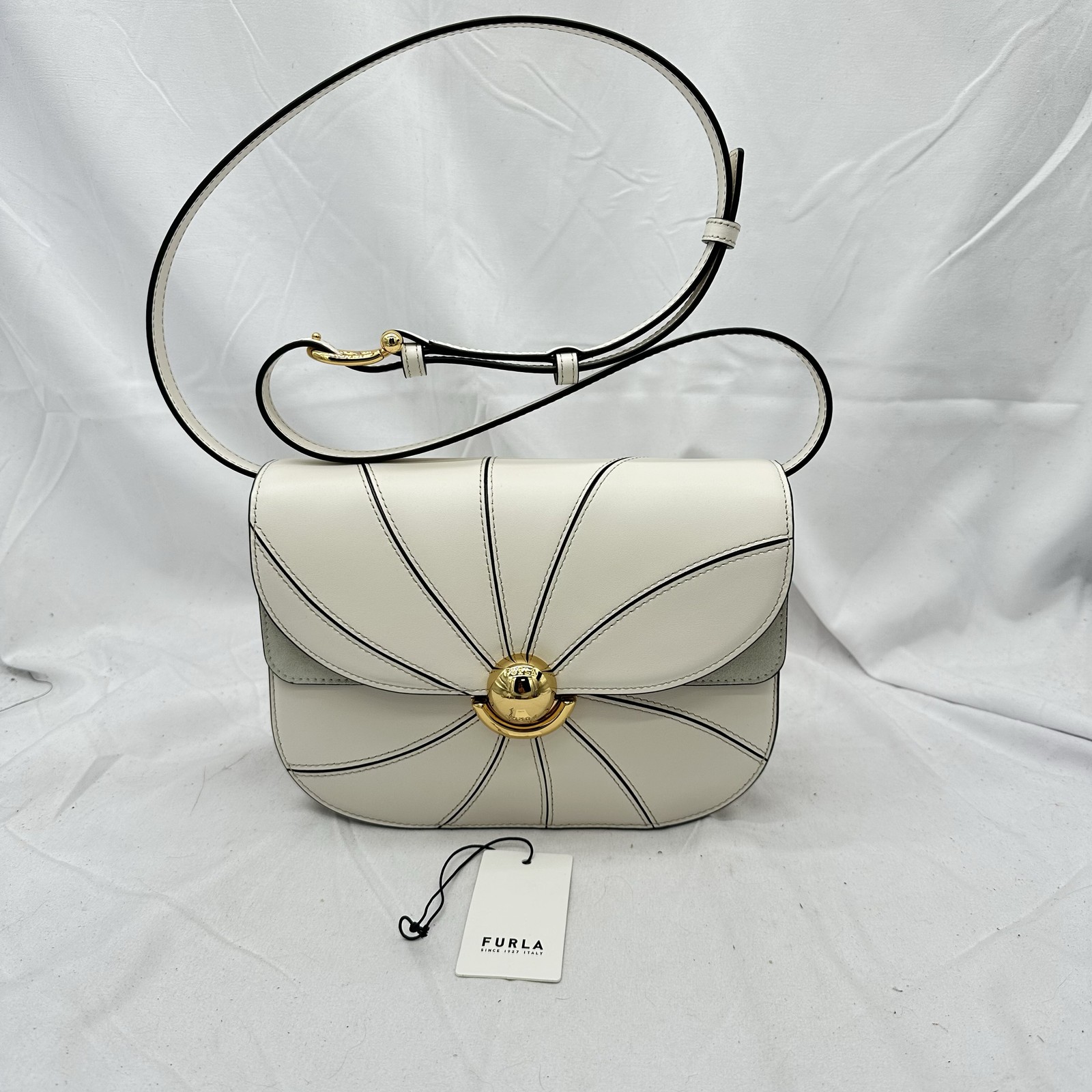 Furla Womens Sfera Panel Pushlock Flap Small Crossbody Bag Leather White/Gold