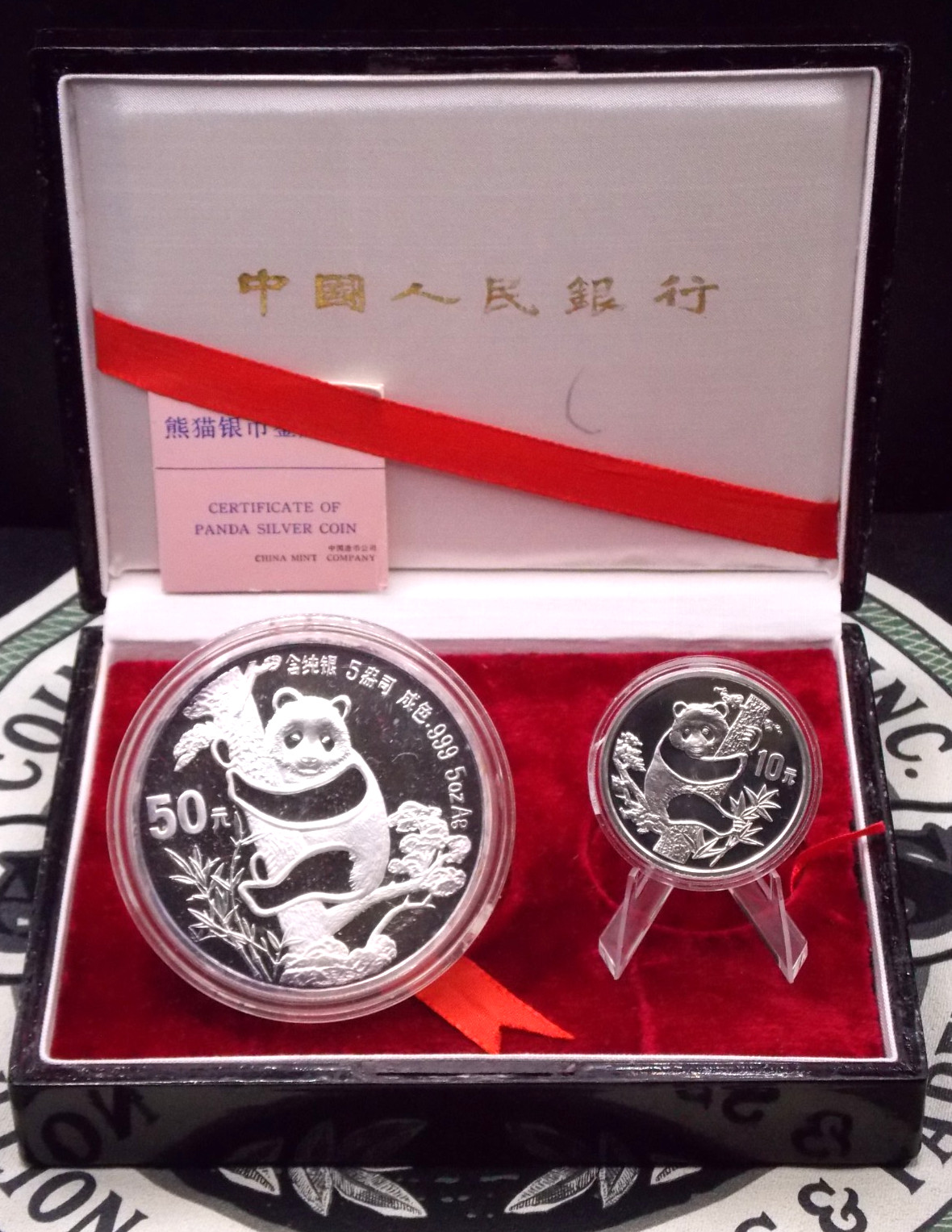 1987 China Proof 5oz & 1oz Proof 50y 10y **PANDA** Set (2 Coin) Wood Box & COA