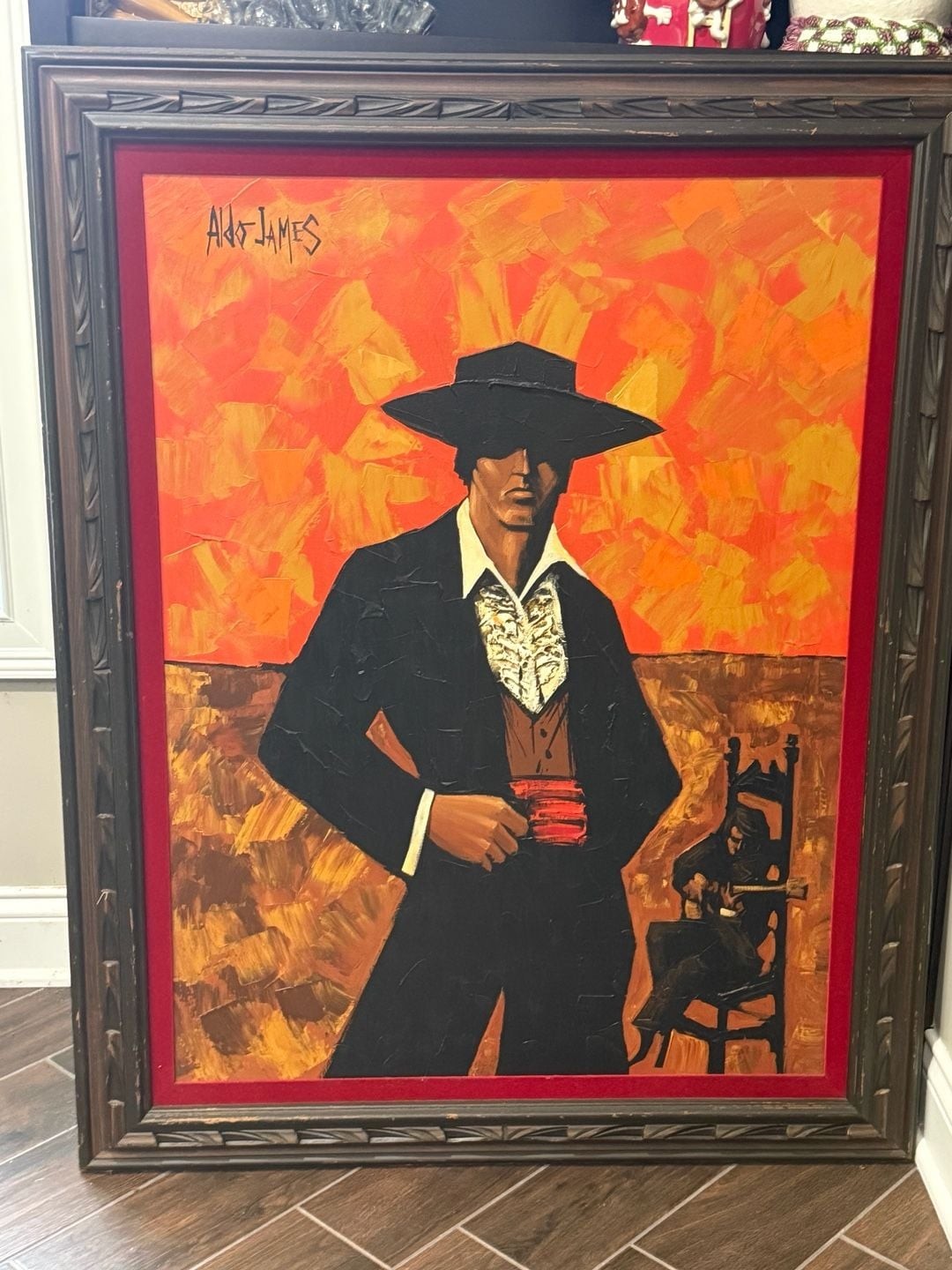 Vintage Aldo James Mid Century Modern Oil on Canvas Painting of Matador,Guitaris