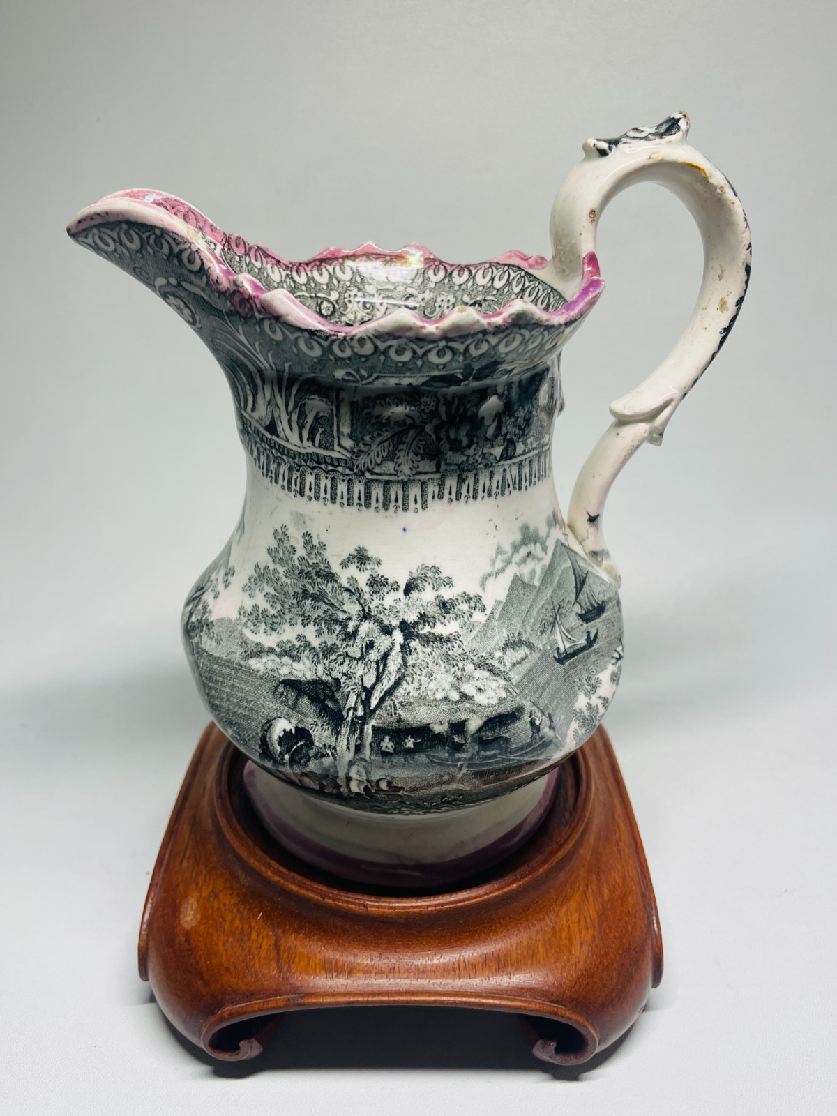 Antique Elton Ware Burslem Transferware Pitcher Grouse Lake No14 w Stand