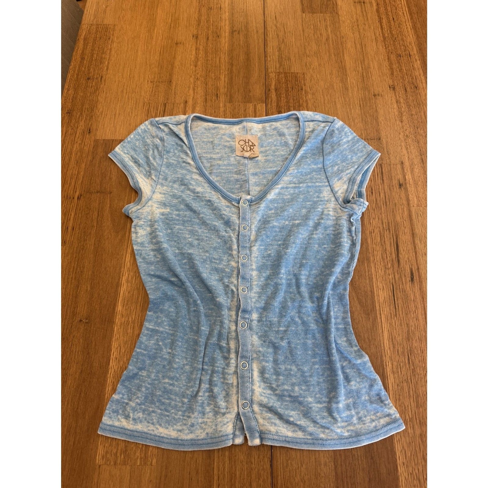 Y2K Chaser Light Blue Acid Wash Ribbed Snap-Front Henley Tee Vintage