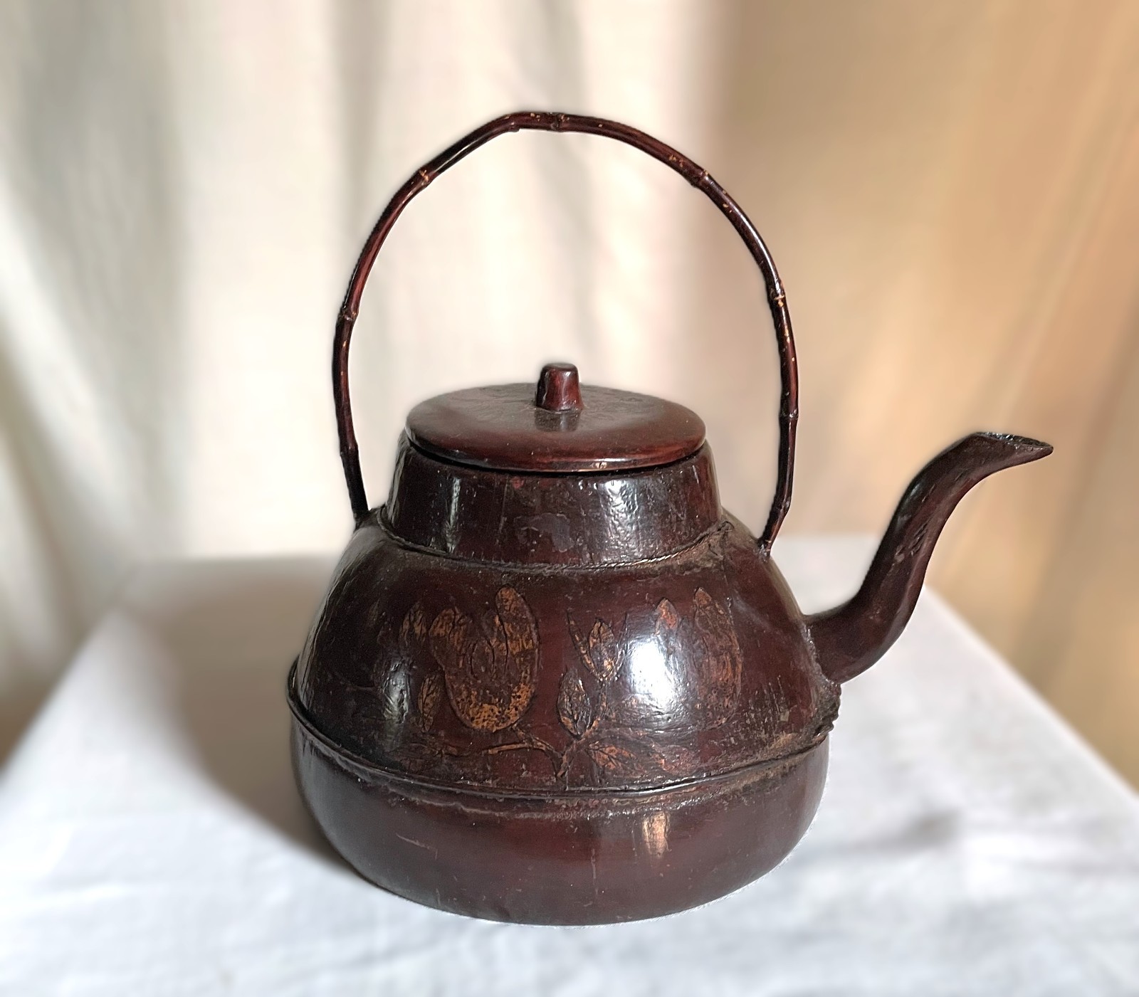 Chinese wooden teapot, 1880s. Golden leaf decoration on smooth lacquered patina. Chinese wooden teapot, 1880s. Golden leaf decoration on smooth lacquered patina.
