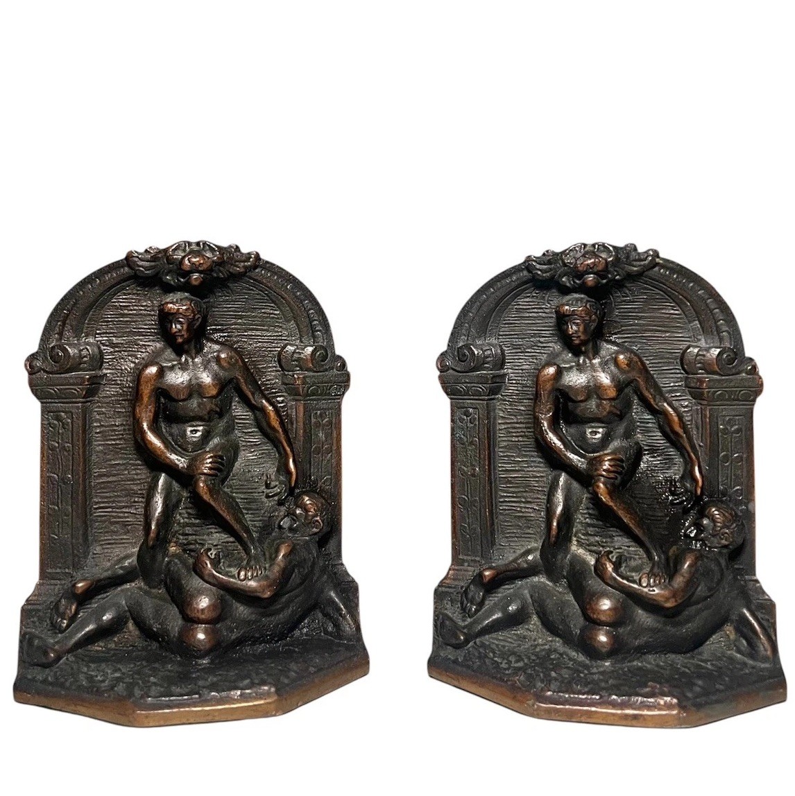 Pair of Antique Solid Bronze Nude Male Figural Book Bookends Art Nouveau Pair of Antique Solid Bronze Nude Male Figural Book Bookends Art Nouveau
