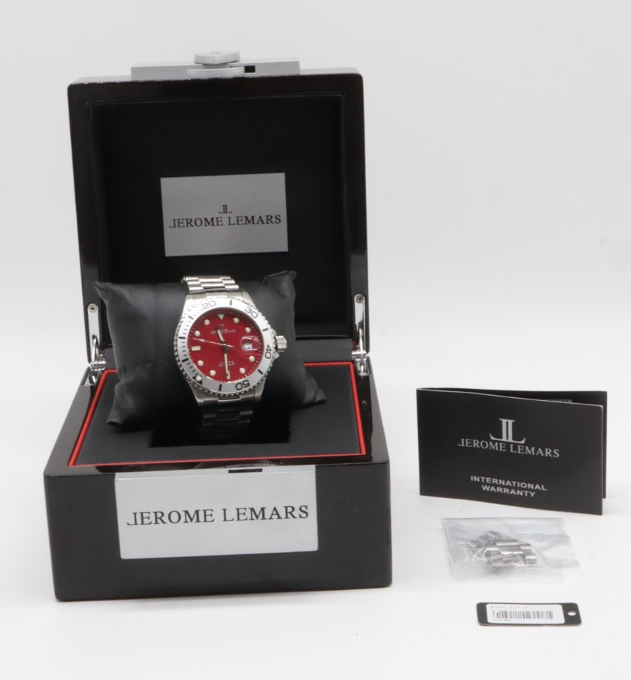 Jerome Lemars Automatic Diver Watch 100m Date Red Dial Silver Bezel SS