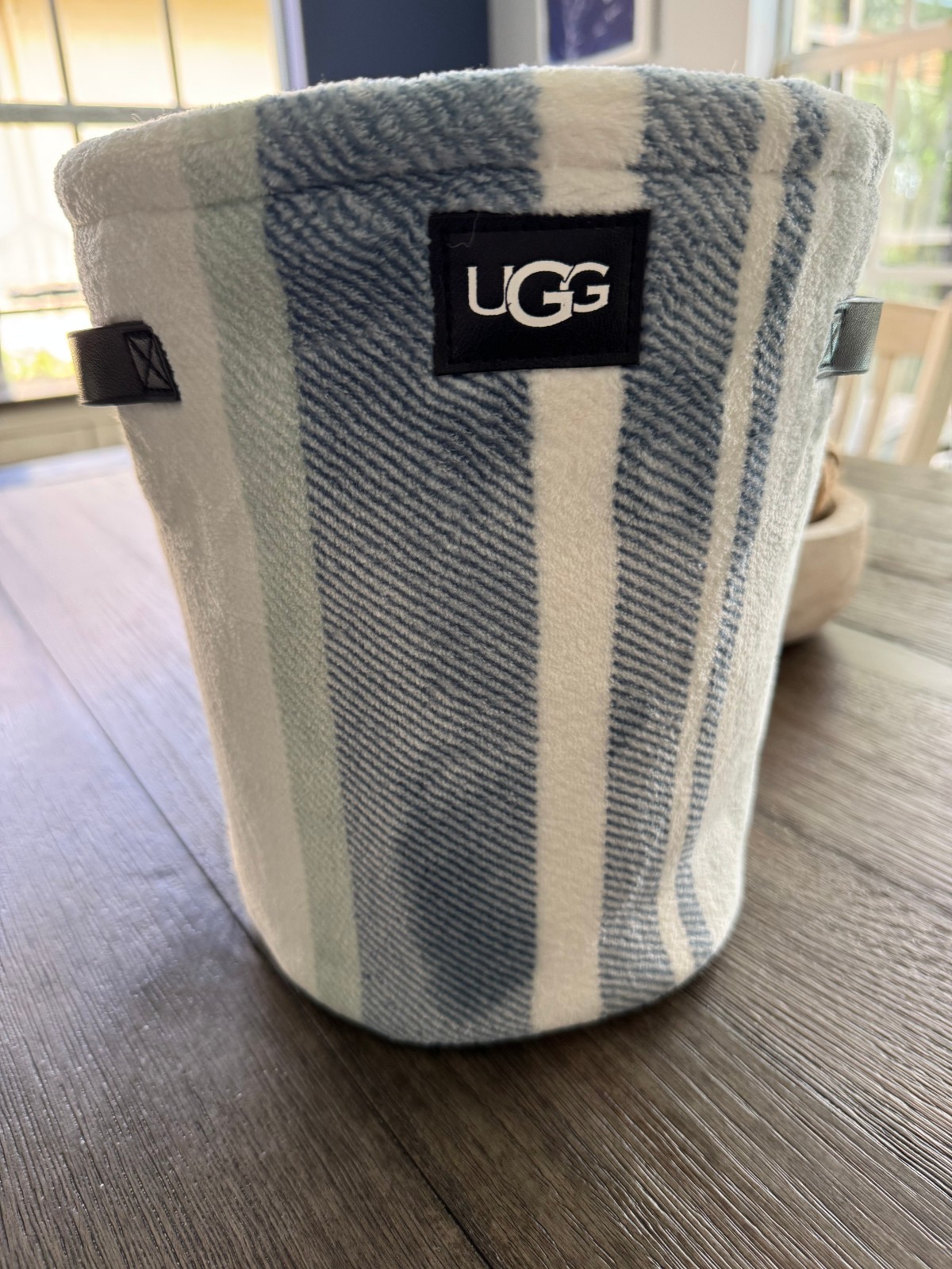 UGG Brand Plush Stripe Waste Basket Trash Can UGG Brand Plush Stripe Waste Basket Trash Can