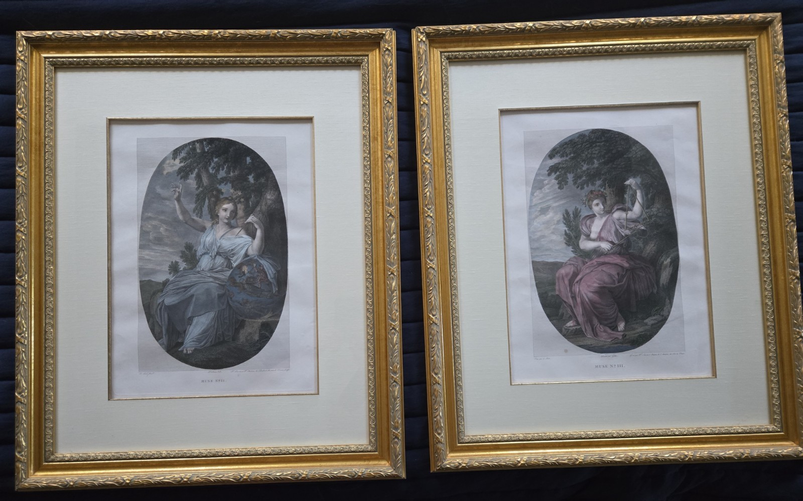 Rare Antique c1860 French Muse Copperplate Engravings Pair Hand-Colored Louvre 