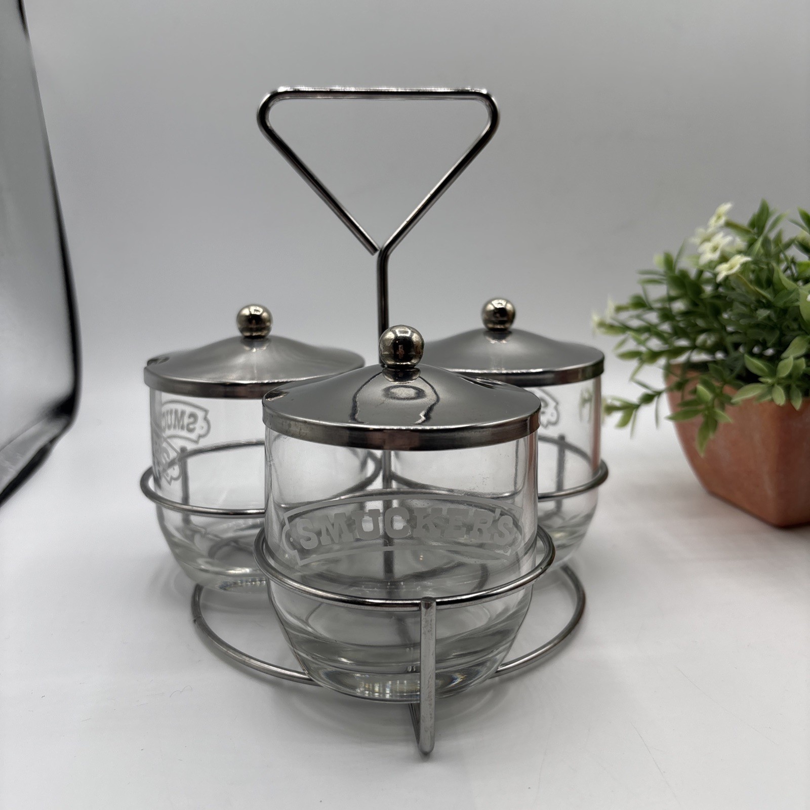 VTG Smucker's Jelly/JAM/MUSTARD Glass Serving Chrome Caddy w/ 3 Jars &LID Preown VTG Smucker's Jelly/JAM/MUSTARD Glass Serving Chrome Caddy w/ 3 Jars &LID Preown