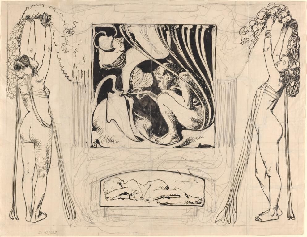 Allegory of Summer : Koloman Moser : 1896  Print Viennese Secession Line Drawing