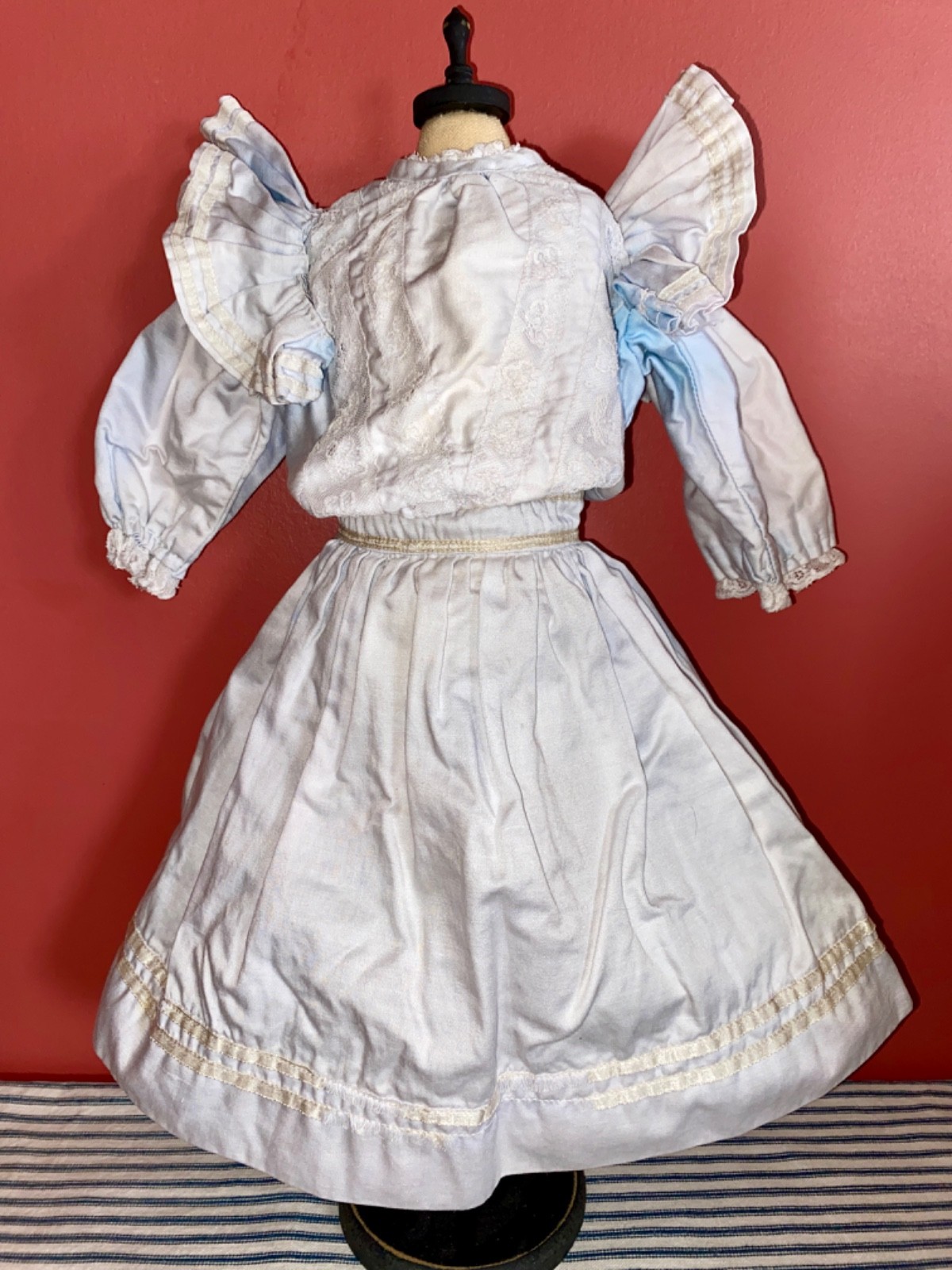 Fancy Victorian 1890\'s Antique Doll Dress, BLUE Polished Cotton, Ruffles & Lace Fancy Victorian 1890\'s Antique Doll Dress, BLUE Polished Cotton, Ruffles & Lace