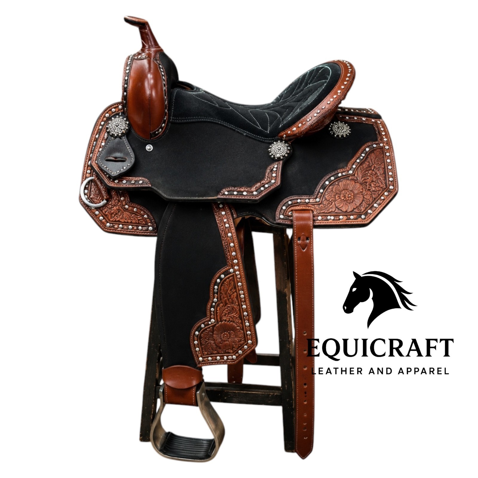 Handmade Western Leather Saddle Black Brown Tooled Silver Stud Trail Saddle