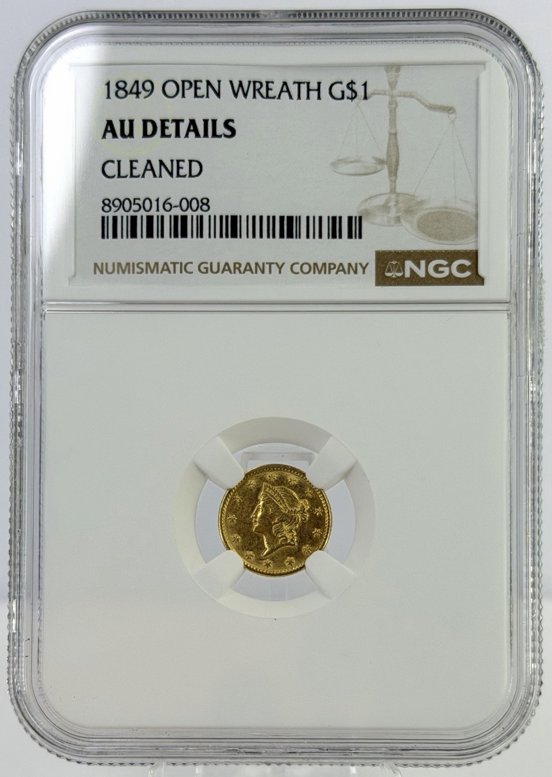 1849 Gold Dollar $1 Liberty Head NGC AU Details Open Wreath with L First Year