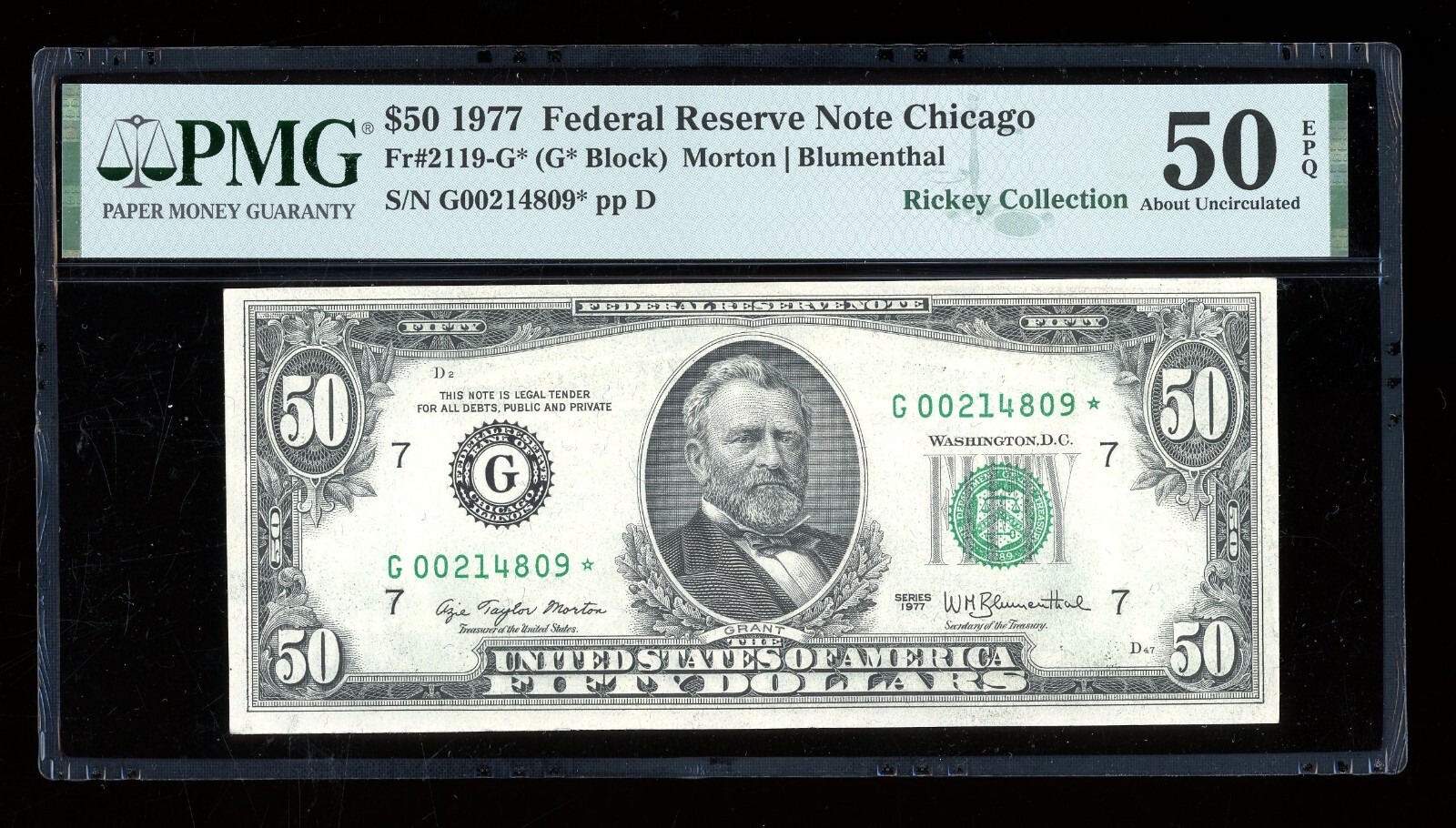 DBR 1977 $50 FRN Chicago STAR Fr. 2119-G* PMG AU-50 EPQ Serial G00214809*