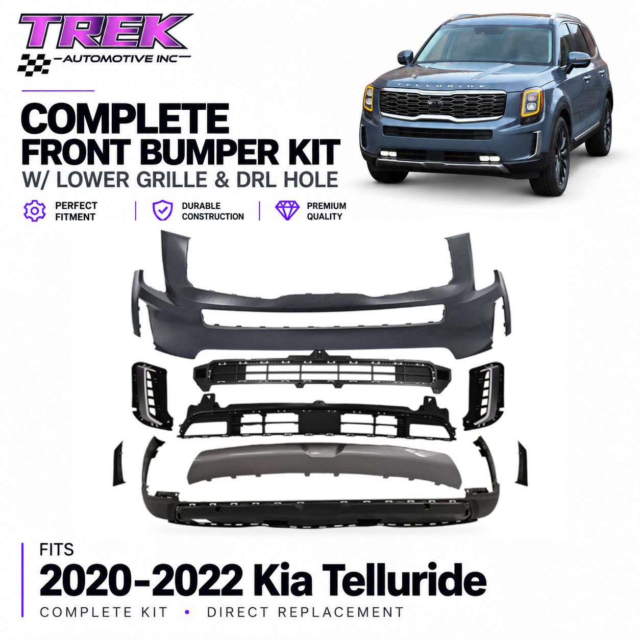 Complete Front Bumper Cover W/ Lower Grille & DRL Hole For 2020-22 Kia Telluride