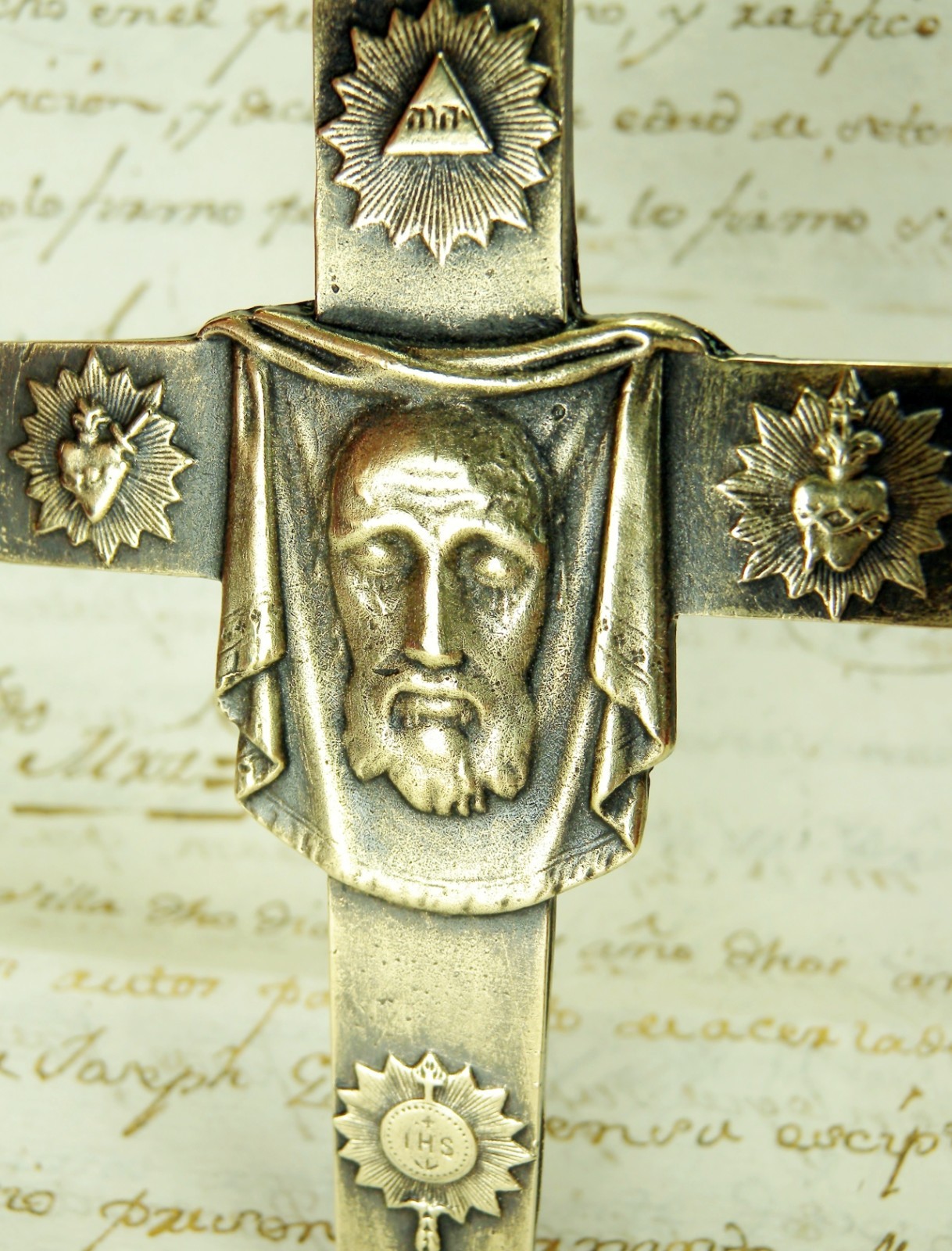 ANTIQUE CATHOLIC HOLY FACE OF JESUS VERONICA'S VEIL SHROUD FRENCH BRONZE CROSS