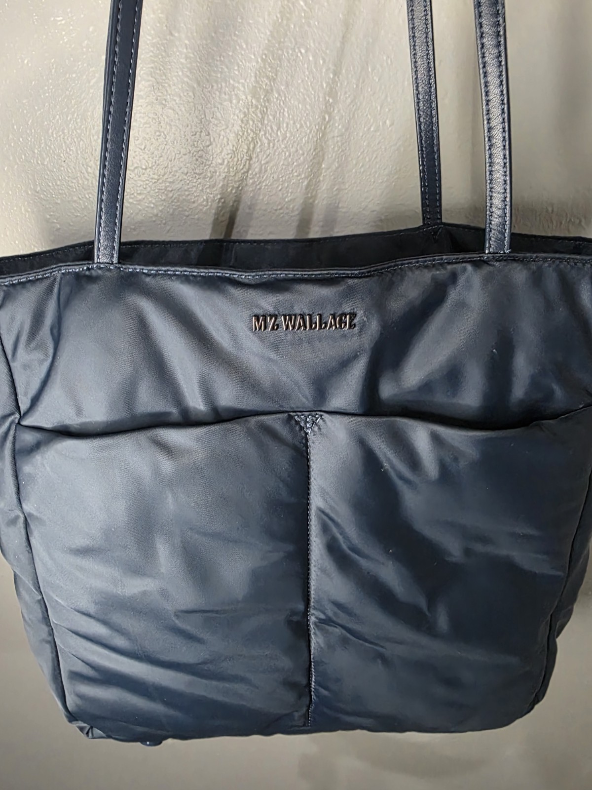MZ WALLACE Navy Blue Nylon Bowery Quatro Tote~Iridescent Double Leather Straps