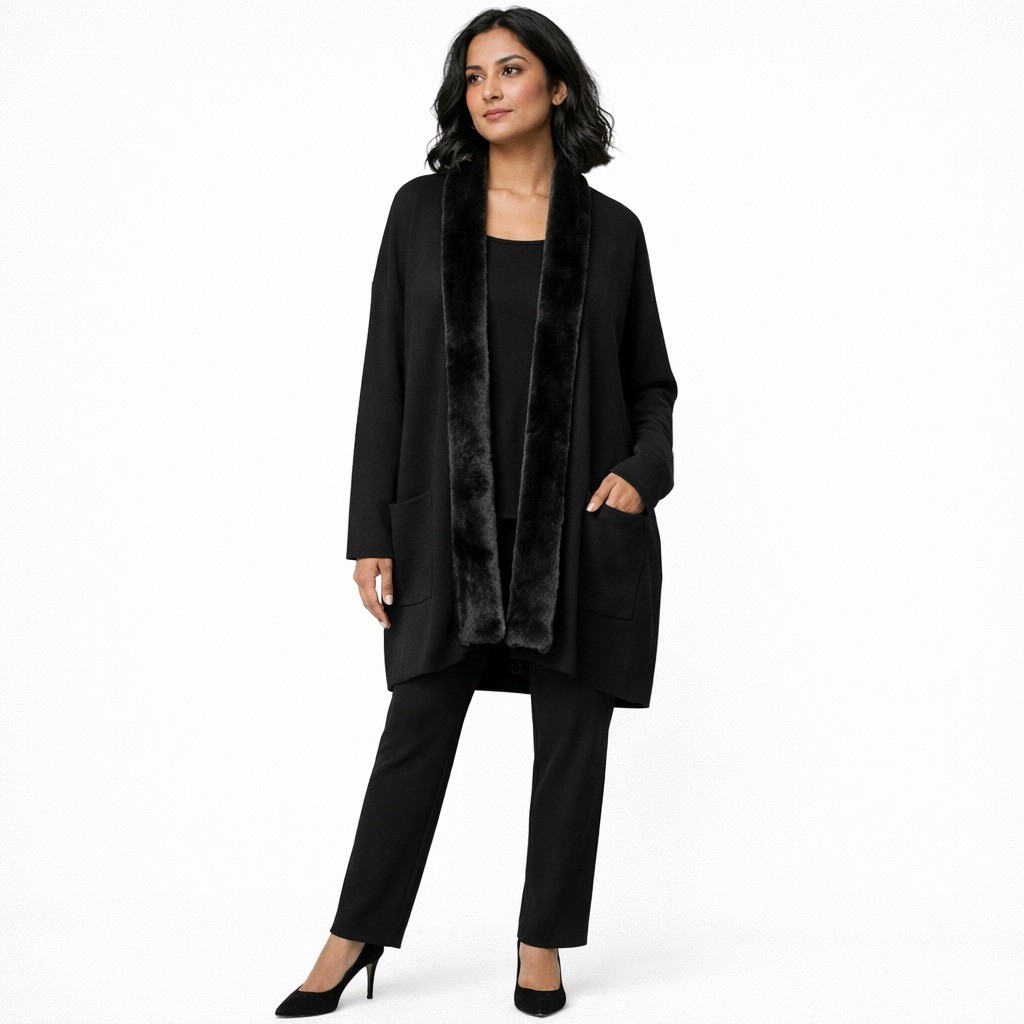 Dialogue Black Faux Fur Trim Merino Wool Blend Cardigan Coatigan 1X Minimalist