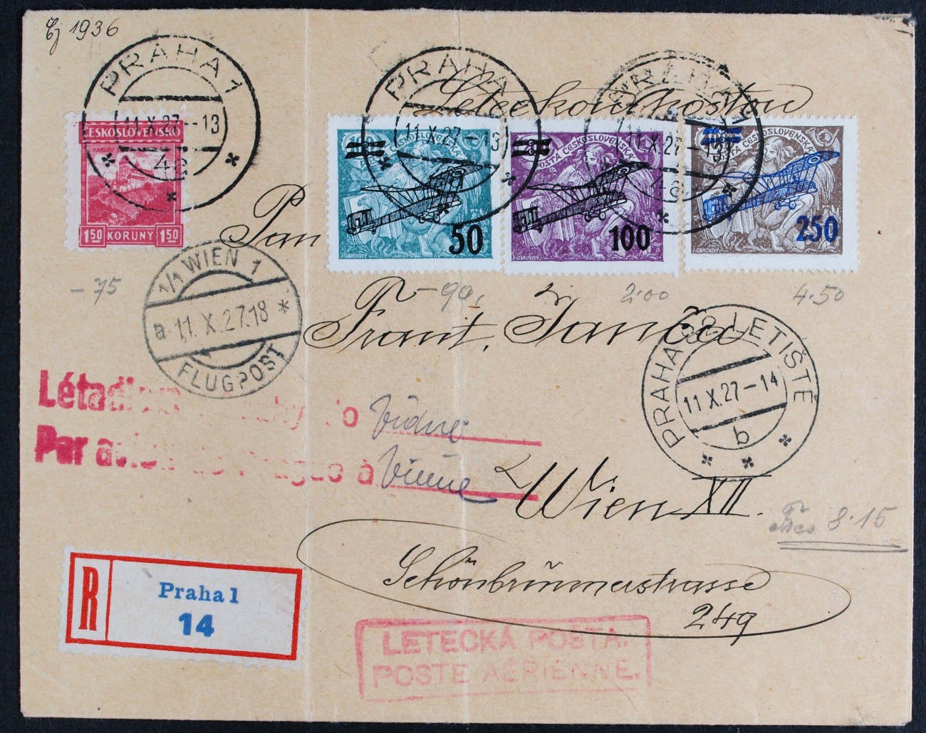 CZECHOSLOVAKIA to AUSTRIA 1927 Cpl Airmails Set+ on Reg Flight Cover Praha LOOK