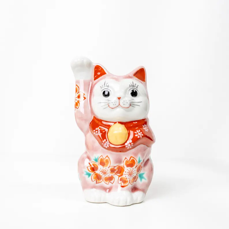 Choho Kutani Pink Sakura Maneki Neko Lucky Cat Ceramic Figurine 11.5cm Choho Kutani Pink Sakura Maneki Neko Lucky Cat Ceramic Figurine 11.5cm