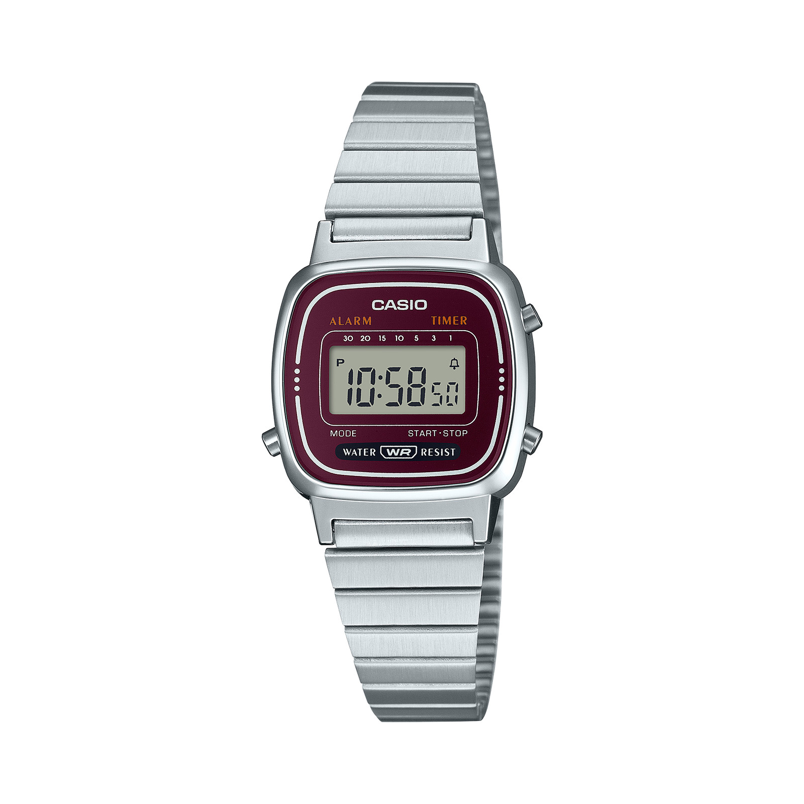 Casio Vintage Ladies Burgundy Dial Silver Digital Alarm Timer Watch LA670WA-4DF