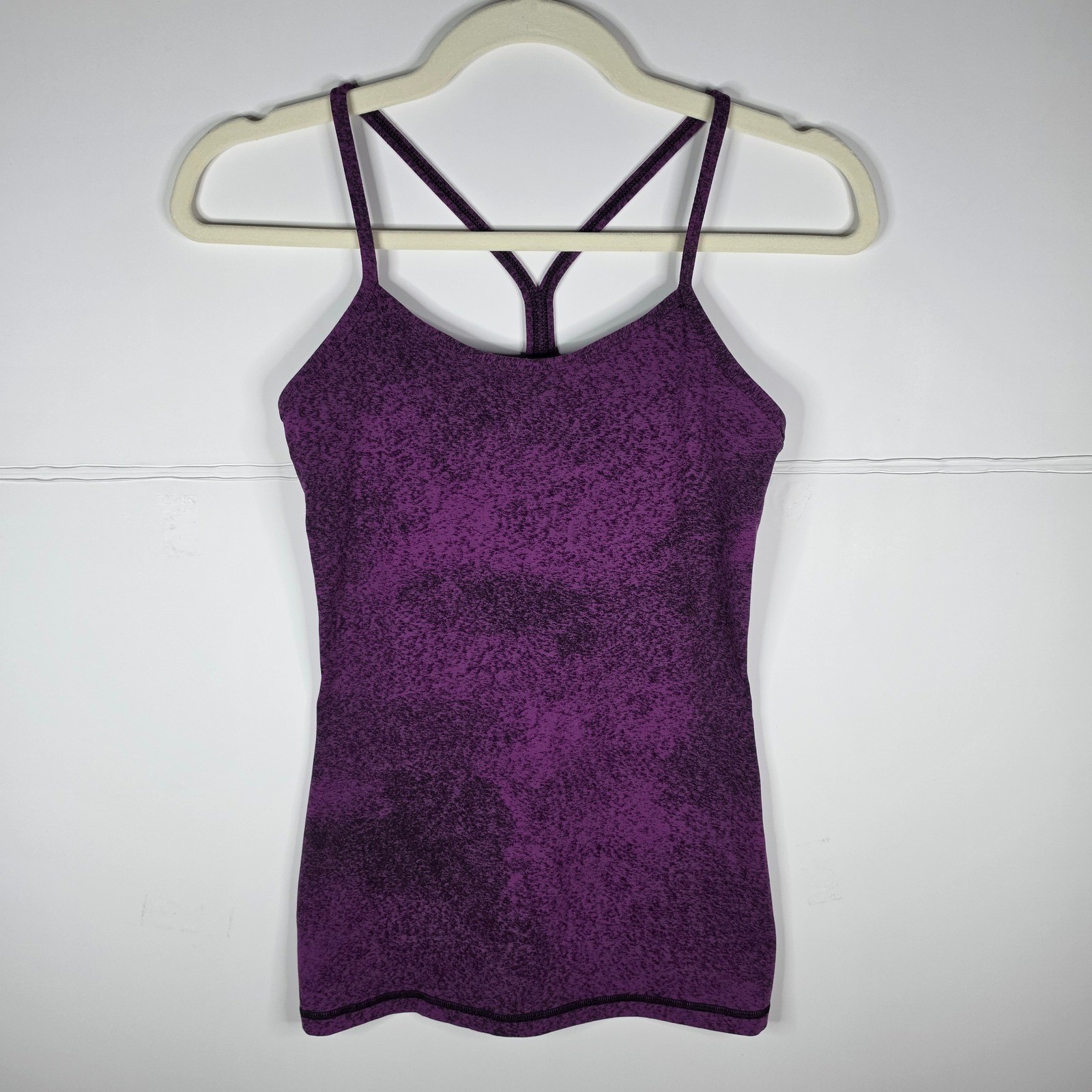 Lululemon Power Y Tank Top Size 4 Purple Black Spray Jacquard Built In Bra Luon