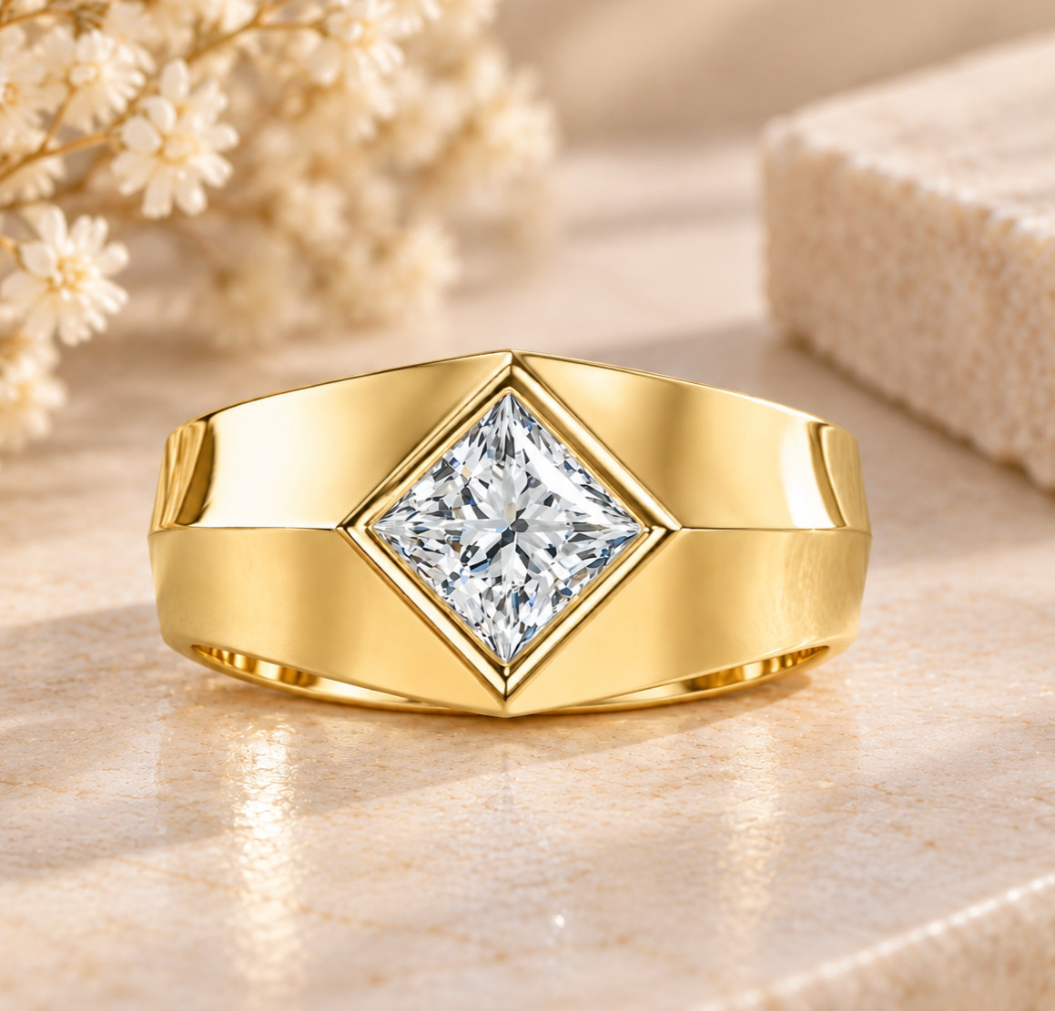 IGI 1.00 Ct Princess-Cut Lab Grown Diamond Mens Signet Ring 14k Yellow Gold
