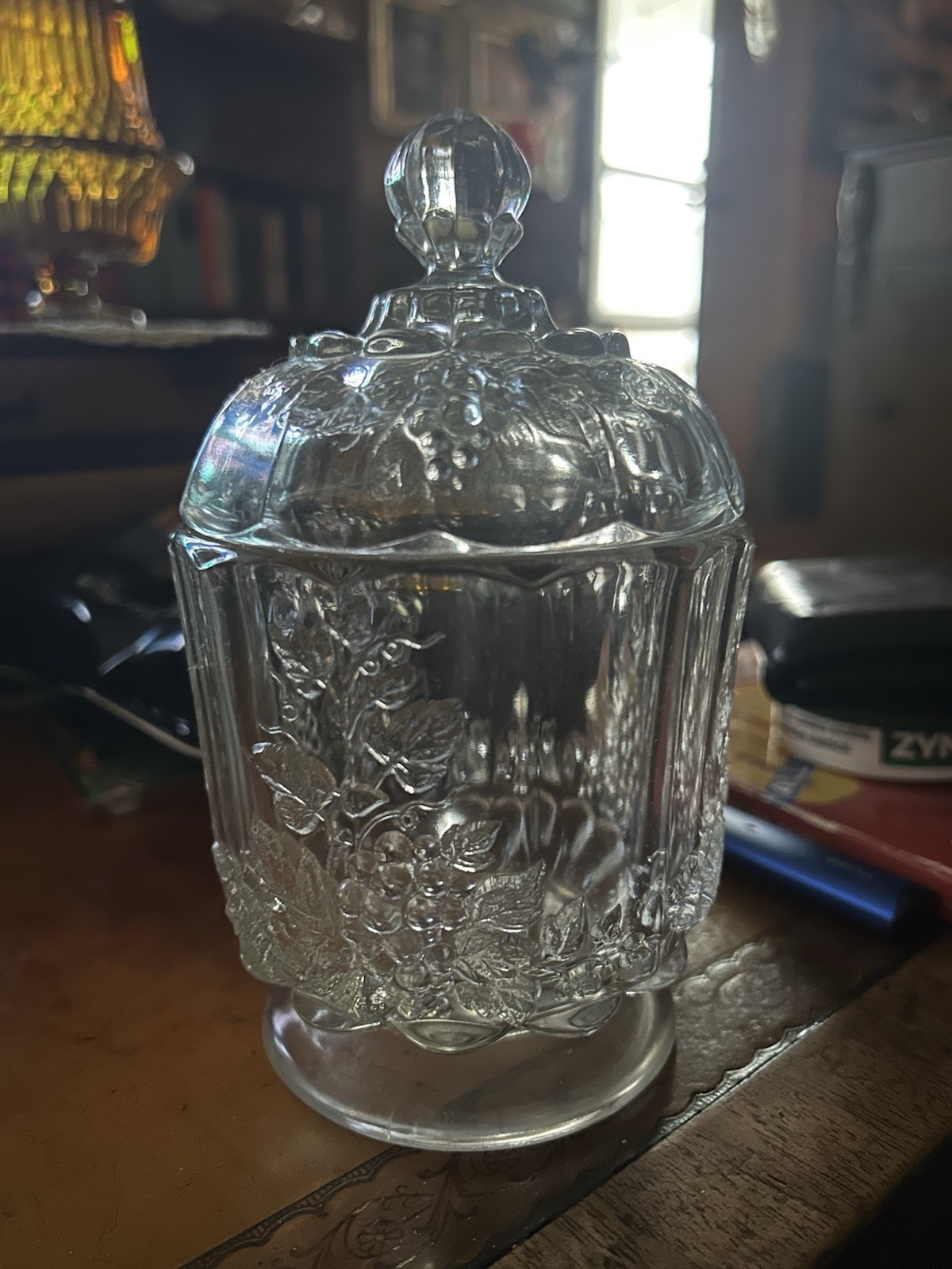 Westmoreland EAPG Biscuit Jar in Paneled Grape Pattern Westmoreland EAPG Biscuit Jar in Paneled Grape Pattern