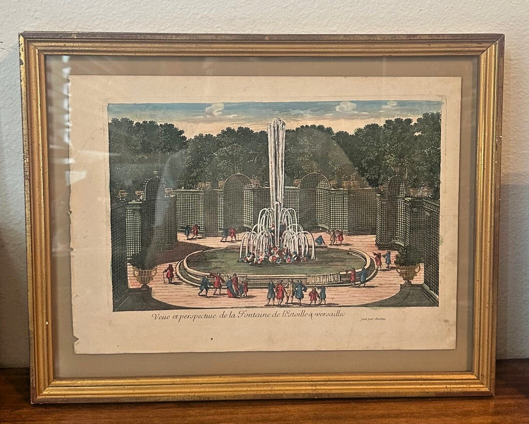 PIERRE AVELINE  Antique French Hand Colored Engraving Print, Versailles Fountain