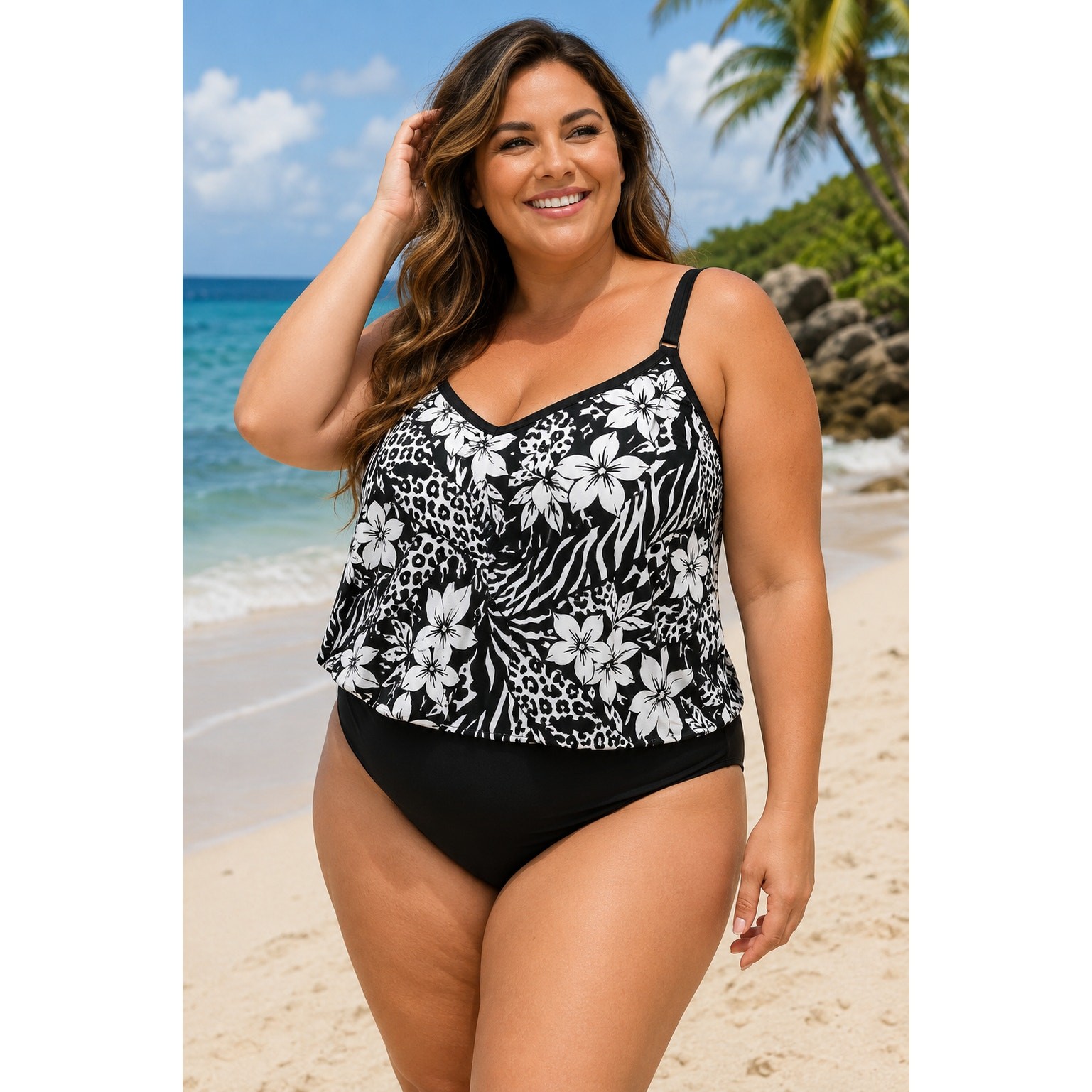 Maxine of Hollywood Faux Tankini One Piece Swimsuit Black White Size 24W NWT