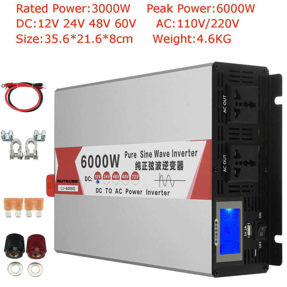 5000W 8000W Max 12V 24V 48V to 220V 240V Pure Sine Wave Power Inverter LCD USB