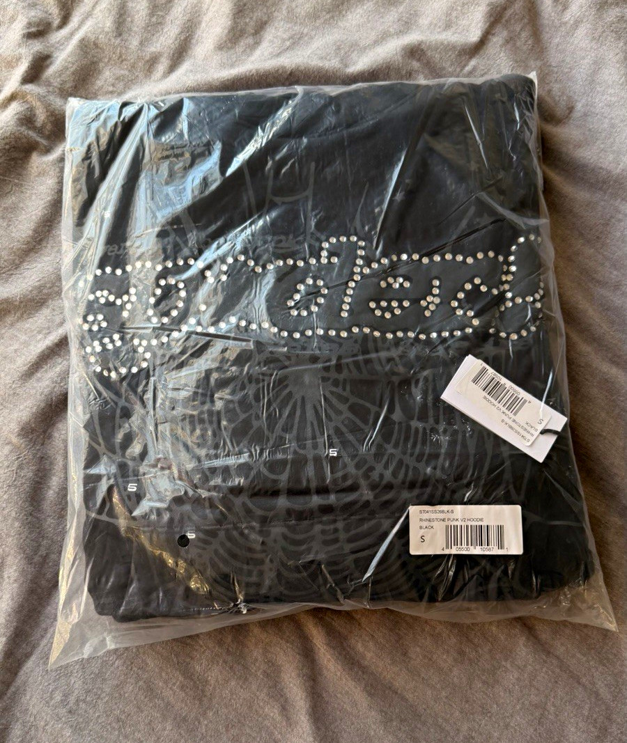 Sp5der Black Rhinestone Spider Graphic Print Pullover Hoodie men small Sp5der Black Rhinestone Spider Graphic Print Pullover Hoodie men small