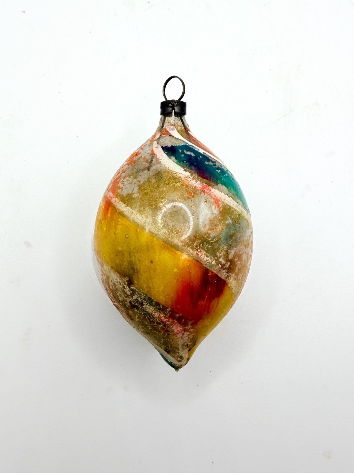 Antique German End-of-Day Glass Xmas Ornament Multicolor Spiral Teardrop – 3”