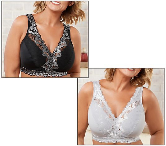 Breezies Soft Support Wirefree Bra Contrast Lace S/2-Black/Silver-Medium-A373660