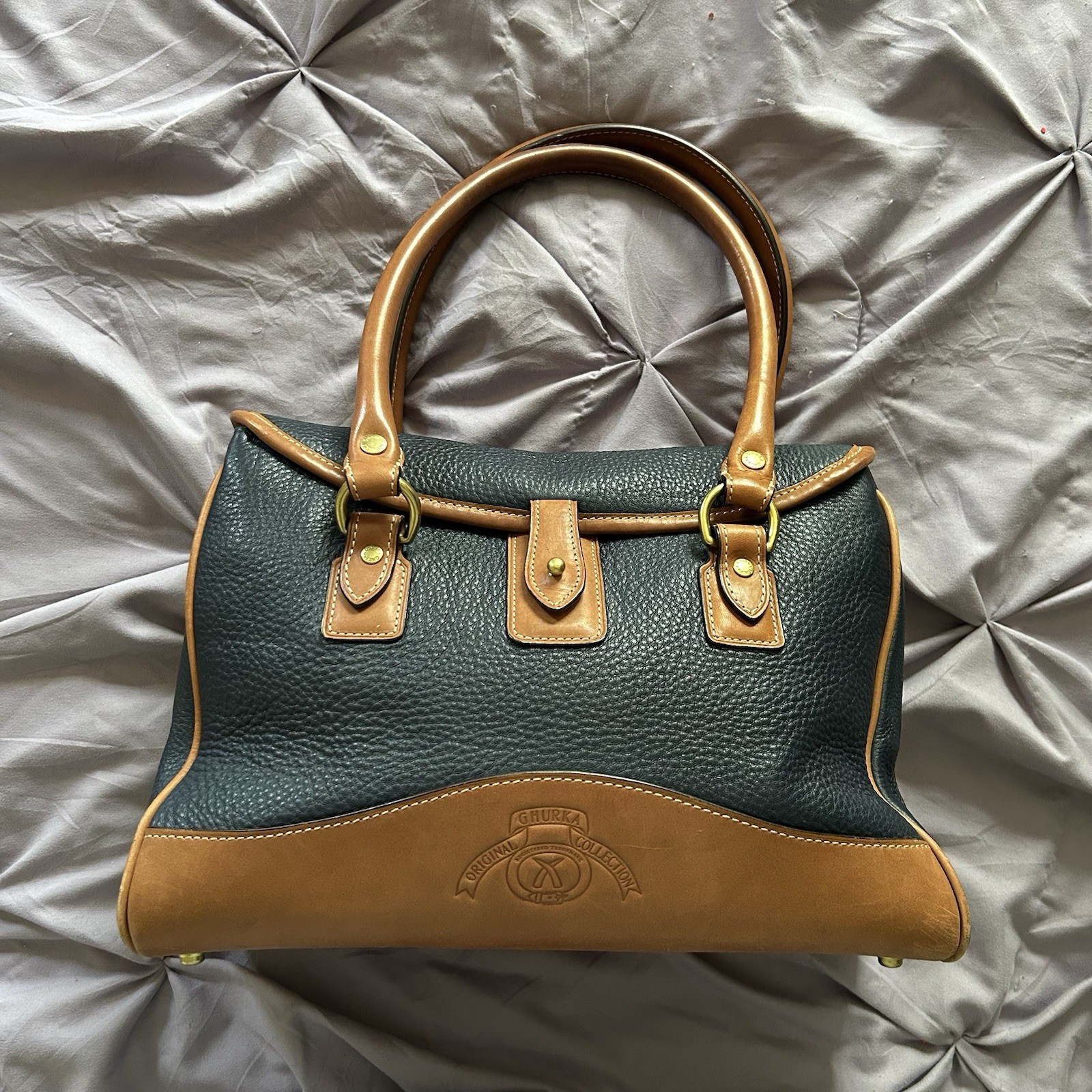 Vintage Ghurka Leather Top Handle Bag Blue Pebble Leather Designer Handbag Purse