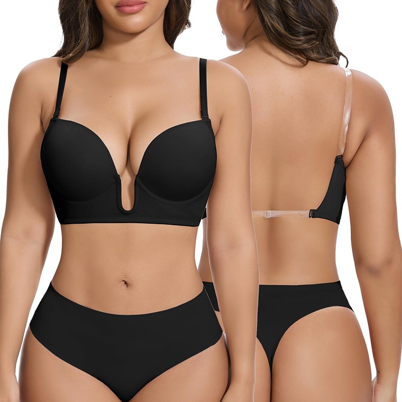 Women's Deep Plunge Push Up Bra Convertible Low Cut Backless Invisible Brassiere