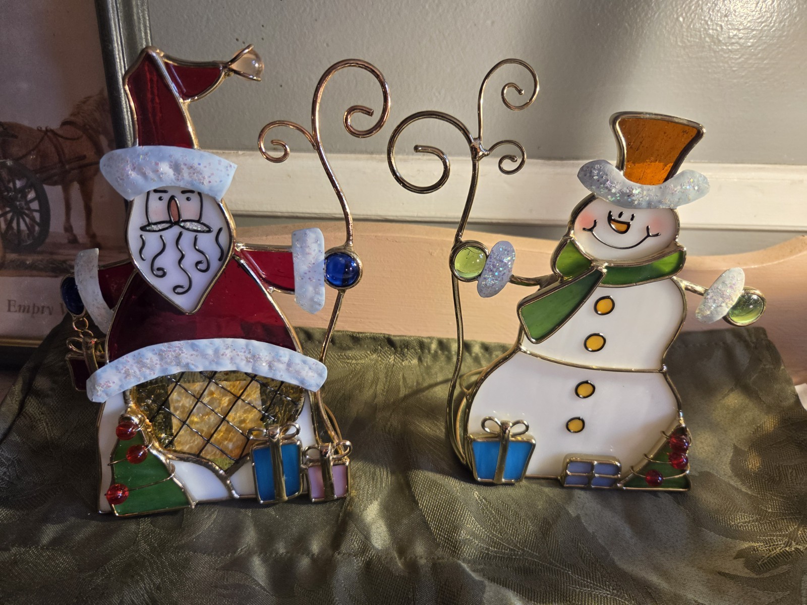 : Vintage Stained Glass Christmas Tealight Holder Set - Santa Claus & Snowman... : Vintage Stained Glass Christmas Tealight Holder Set - Santa Claus & Snowman...