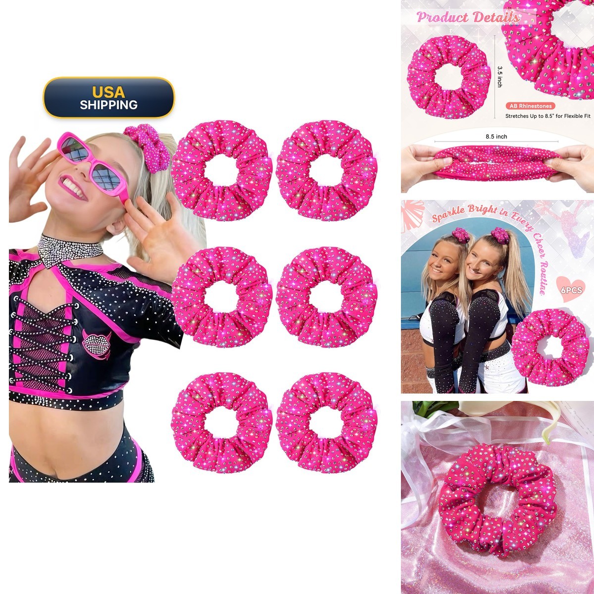 CEELGON 6 PCS Hot Pink Rhinestone Glitter Scrunchies Cheerleading
