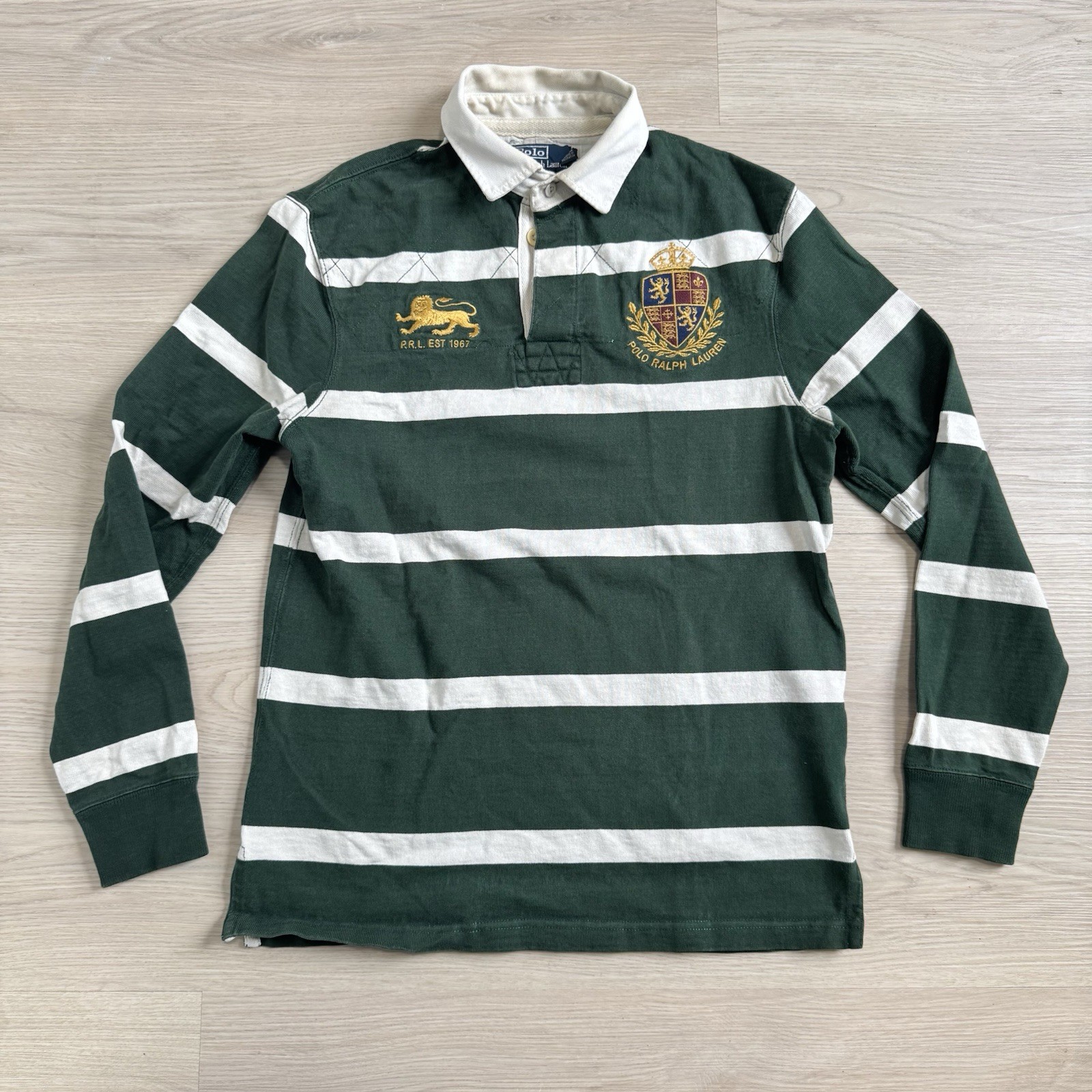 Vintage Polo Ralph Lauren Rugby Striped Shirt Lion Crest Shield PRL Sz M Green Vintage Polo Ralph Lauren Rugby Striped Shirt Lion Crest Shield PRL Sz M Green
