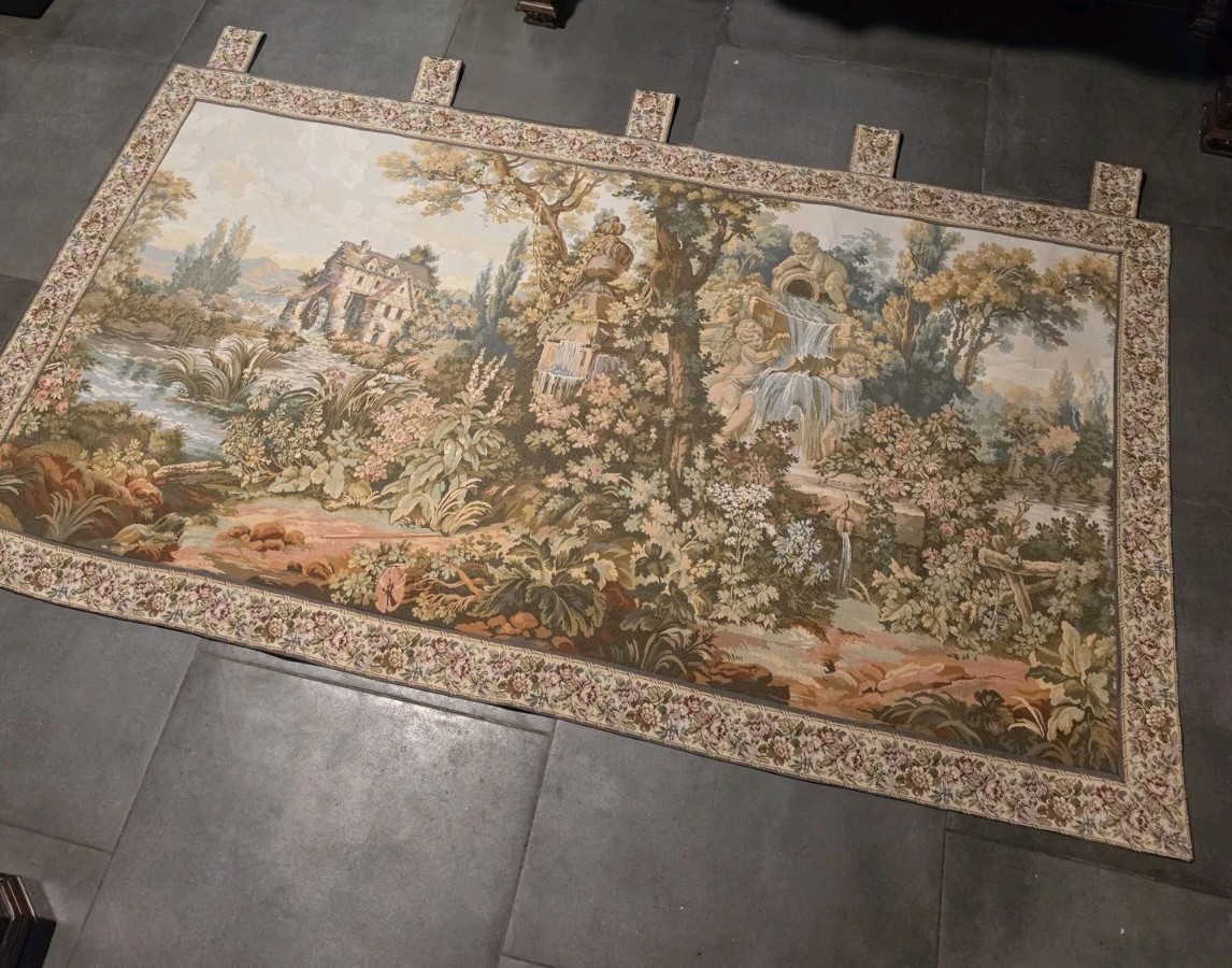 French Aubusson Style Woven Tapestry Romantic Pastoral Landscape - 46