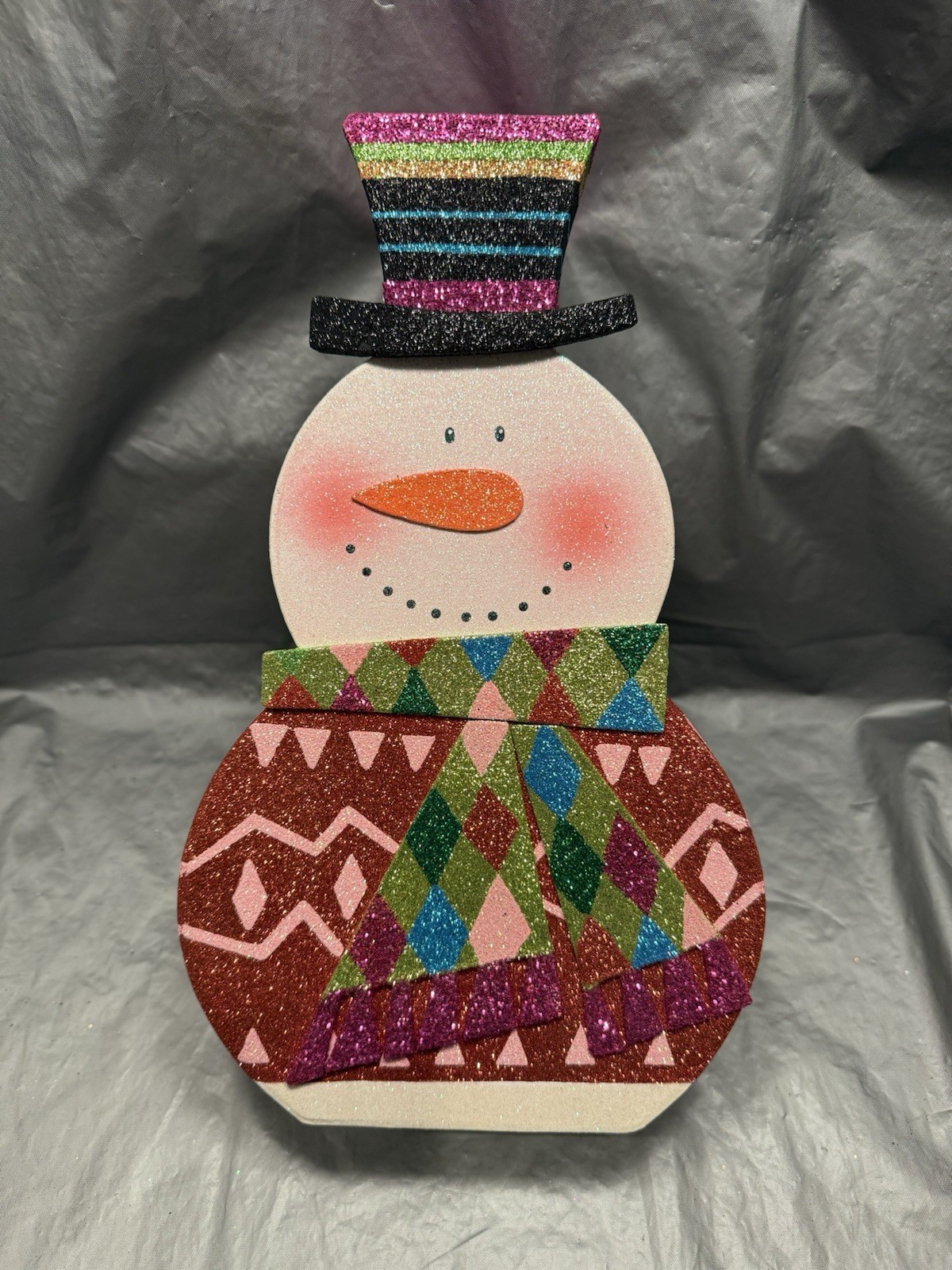 Pier 1 One VTG SNOWMAN GLITTER BOX  PRESENT DECOR HAT SCARF V RARE 12.75” EUC