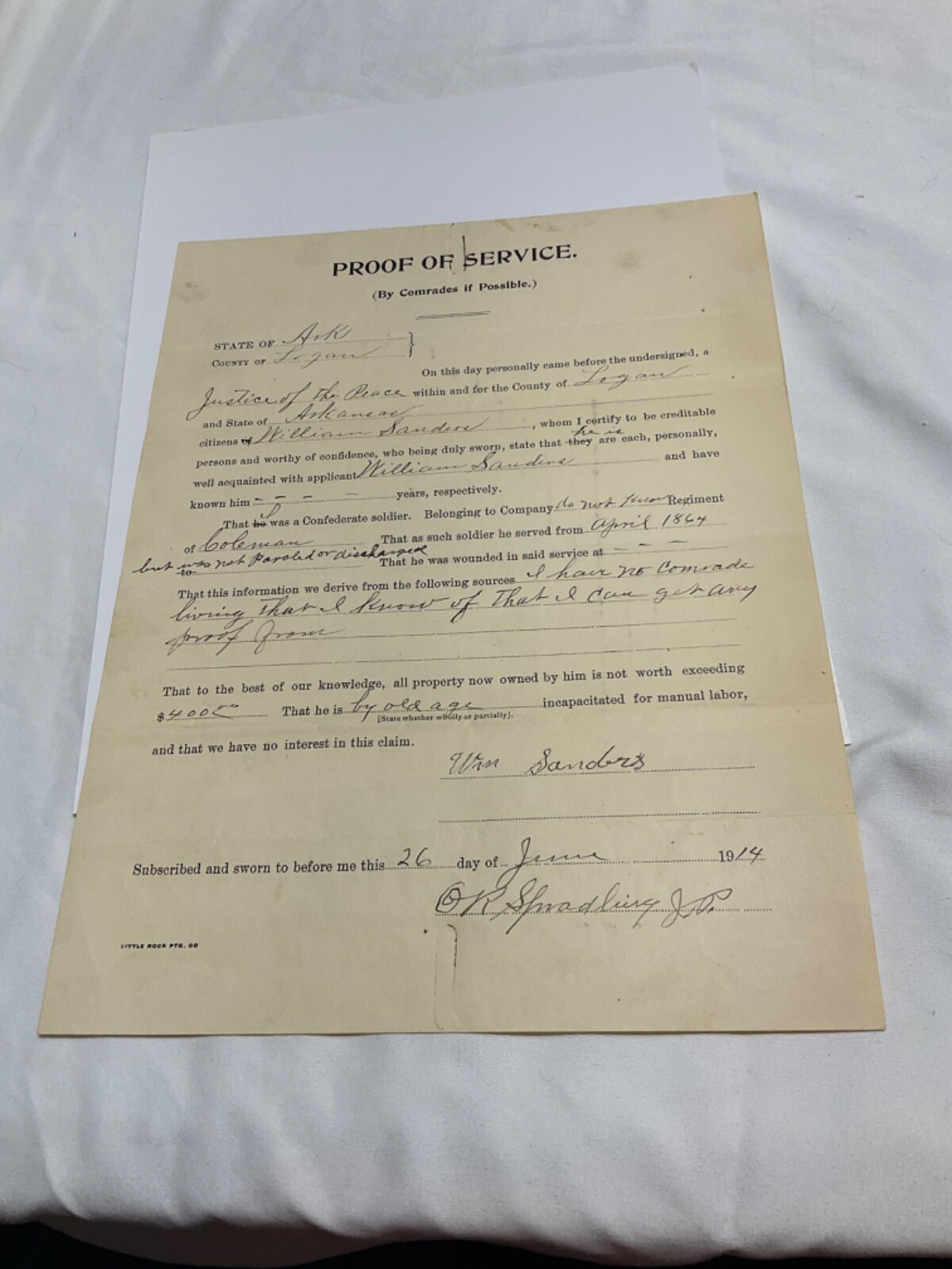 CIVIL WAR VETERAN PROOF OF CSA SERVICE COLEMAN CAV MO. ARKANSAS LOGAN CTY 1914
