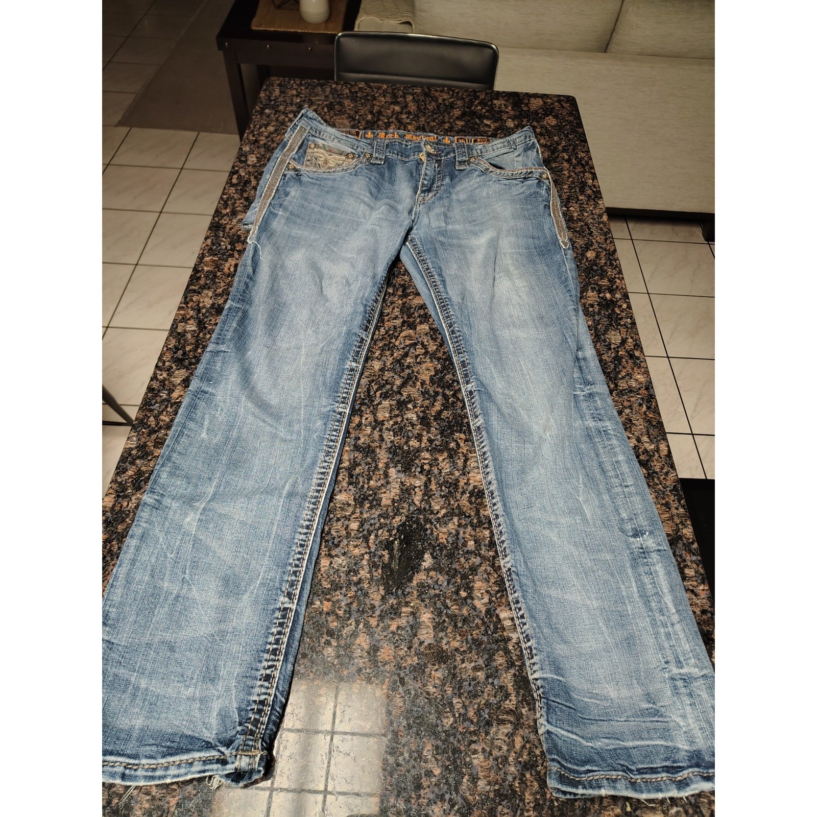 Rock Revival Kort Straight Leg Jeans Mens 36 Medium Wash Distressed Blue Denim Rock Revival Kort Straight Leg Jeans Mens 36 Medium Wash Distressed Blue Denim