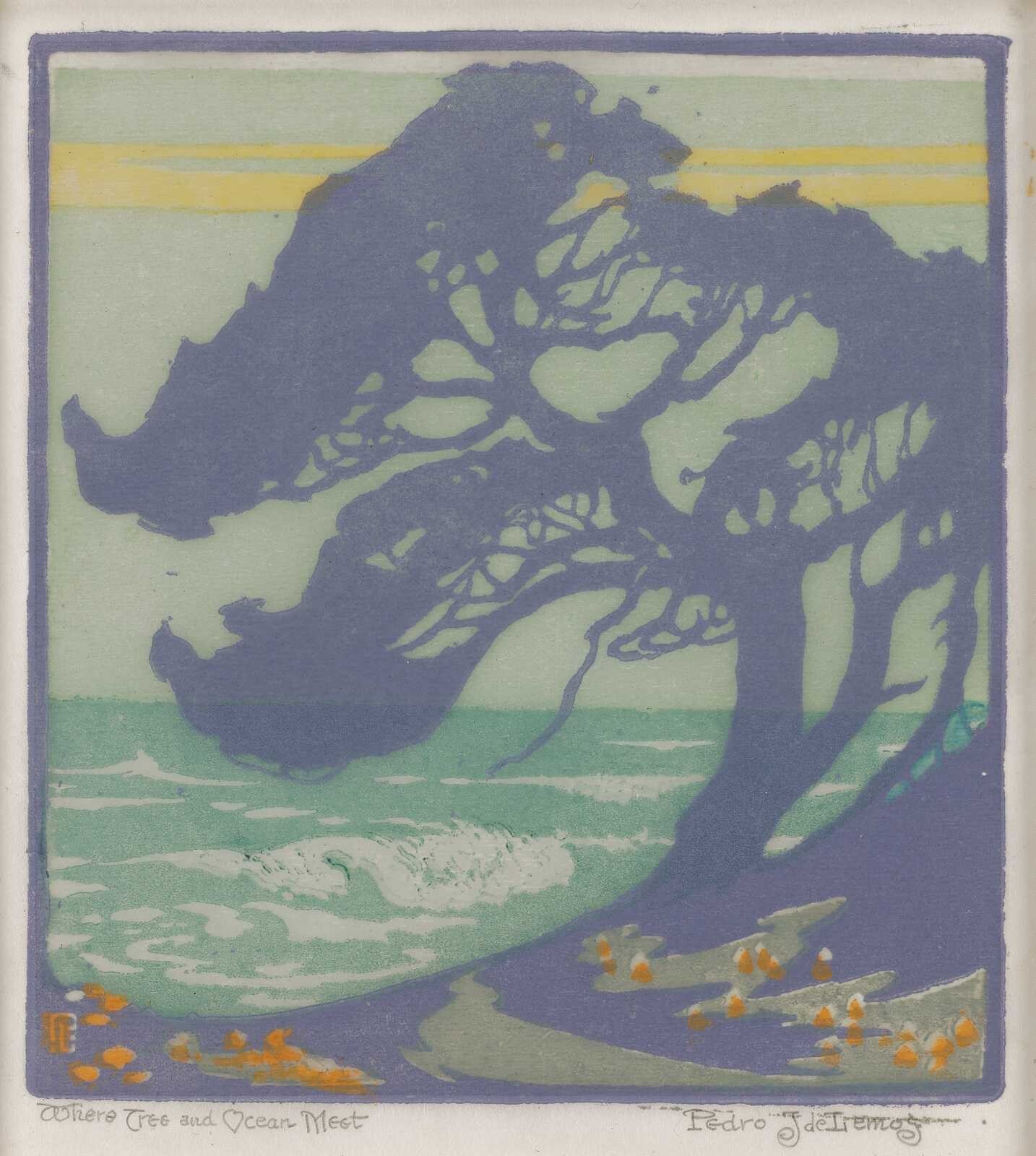 Pedro Lemos : Where Tree And Ocean Meet : Arts & Crafts Woodcut Art Print 1911