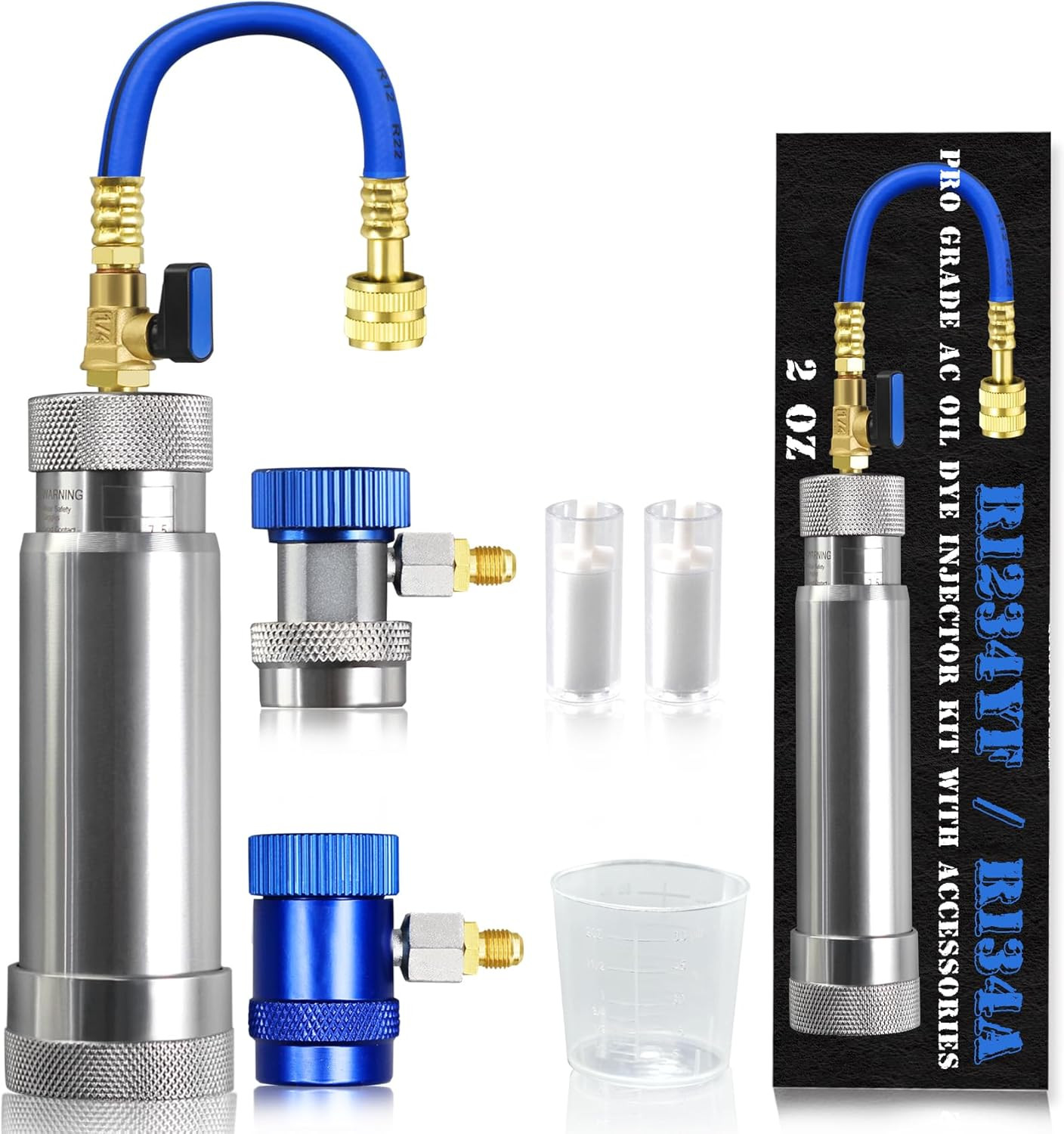 R1234YF & R134A AC Oil Dye Injector Kit with 2 Snap Quick Couplers 2 Oil Checker R1234YF & R134A AC Oil Dye Injector Kit with 2 Snap Quick Couplers 2 Oil Checker