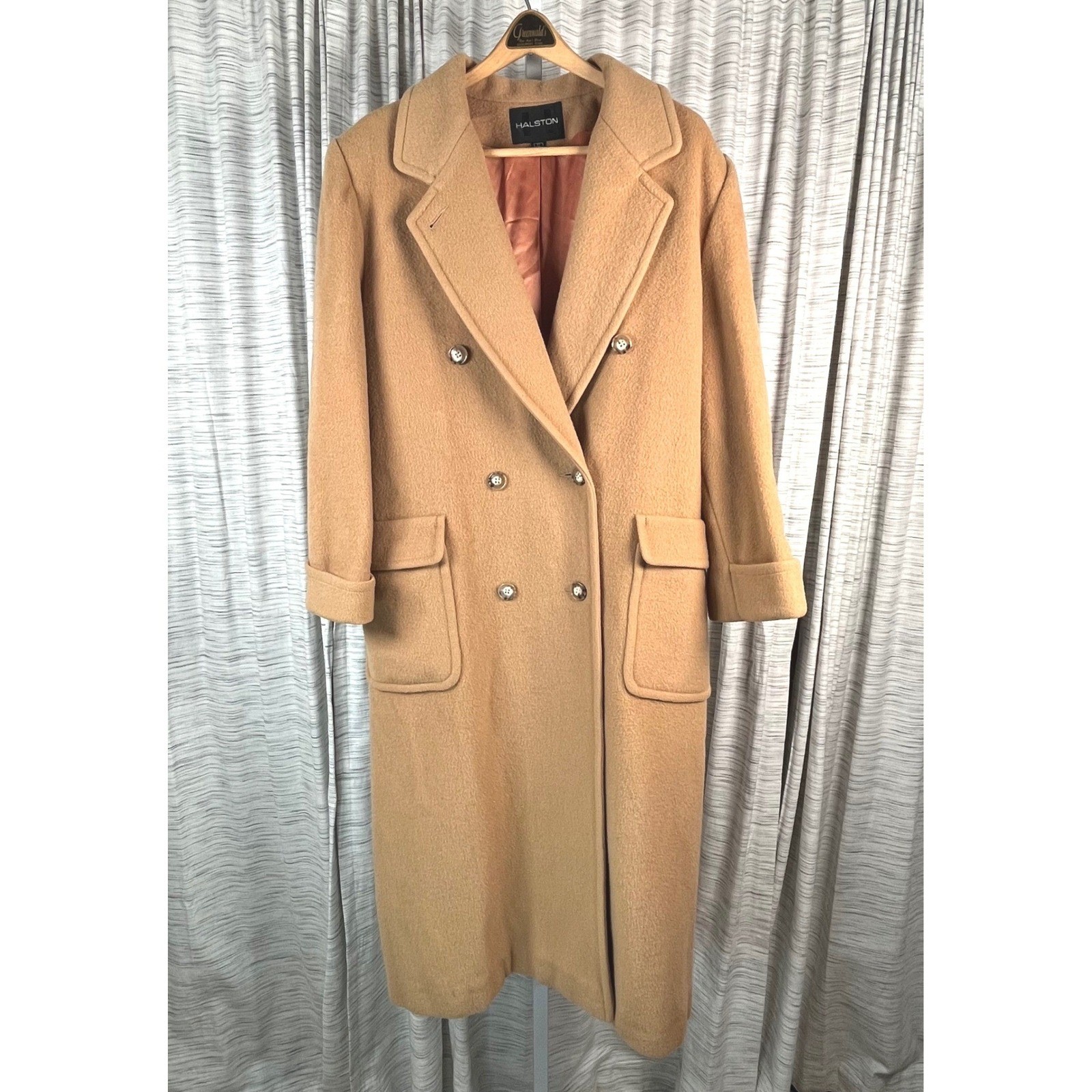 Vtg Halston Womens Camel Wool Double Breasted Maxi Coat Tan Longline Size 12 USA Vtg Halston Womens Camel Wool Double Breasted Maxi Coat Tan Longline Size 12 USA