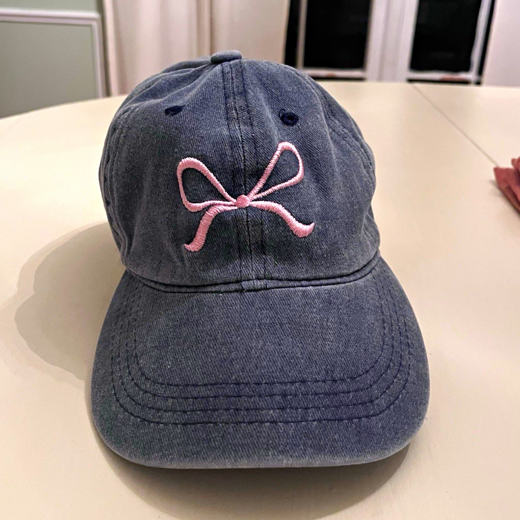francesca\'s Blue Solid Baseball Cap Hat with Pink Bow Embroidery francesca\'s Blue Solid Baseball Cap Hat with Pink Bow Embroidery
