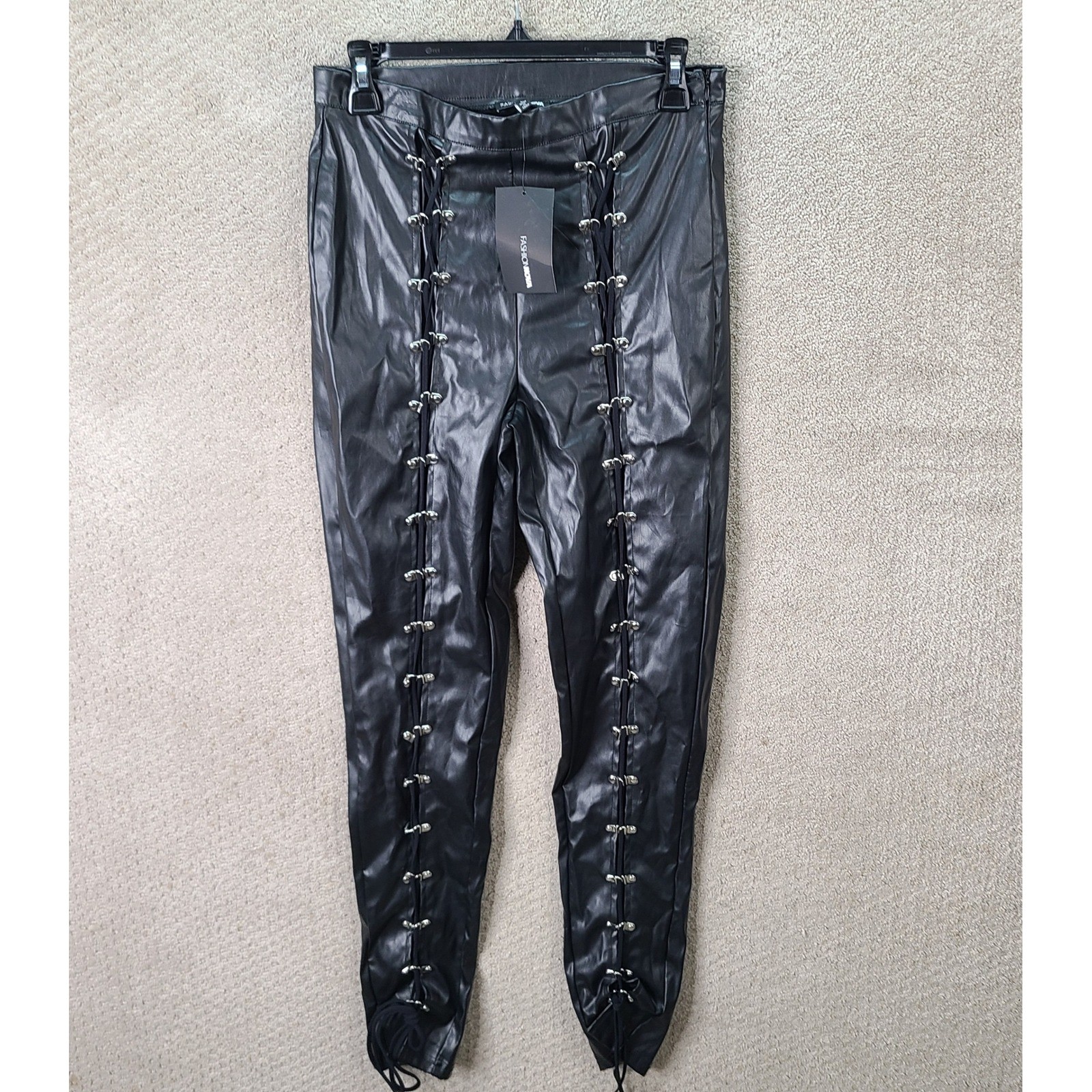 Fashion Nova Pants Womens Large Black Skinny On A Wire PU Faux Leather NEW
