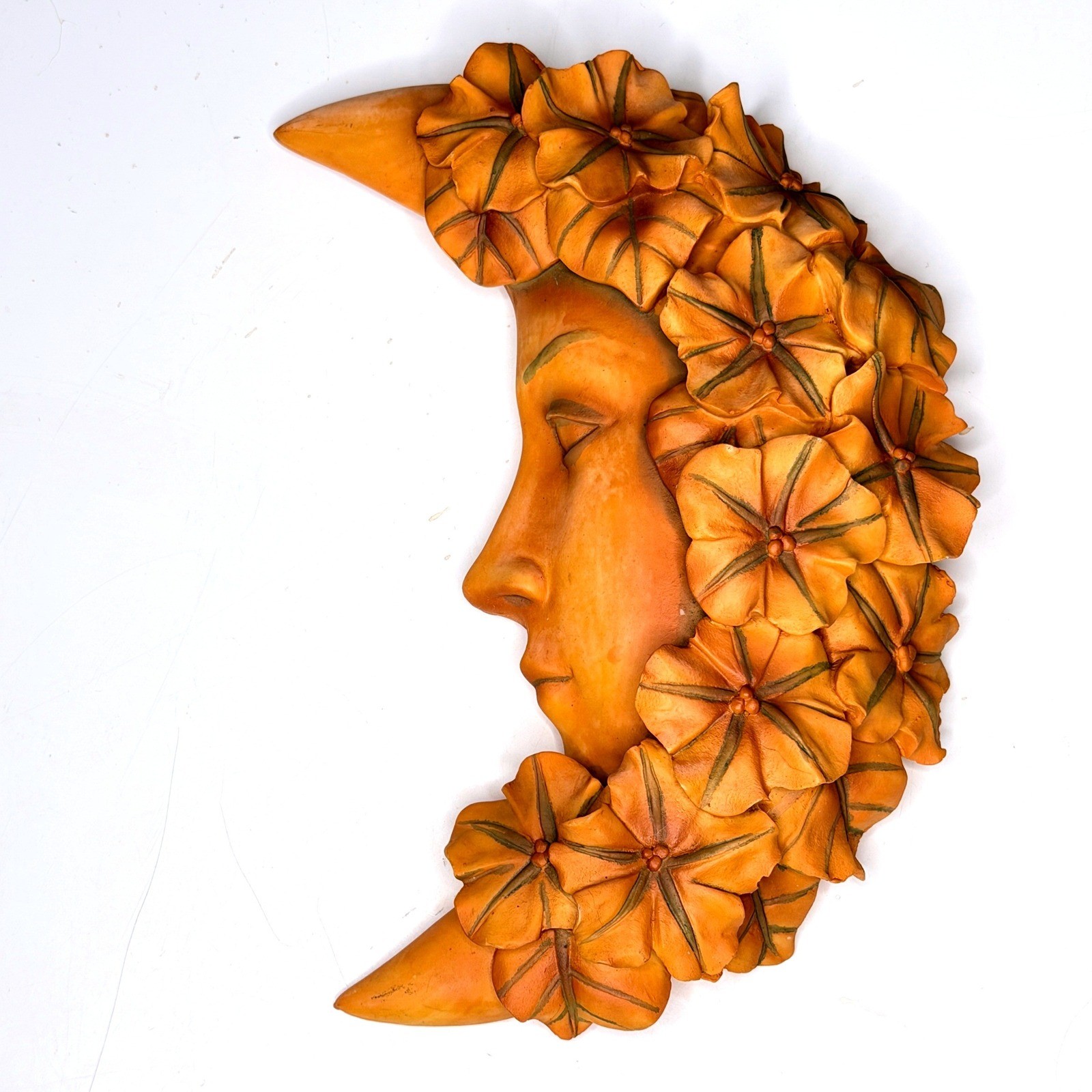 Vtg Y2K Crescent Moon Lady Face Floral Wall Plaque UDC Cast Resin Celestial 10\