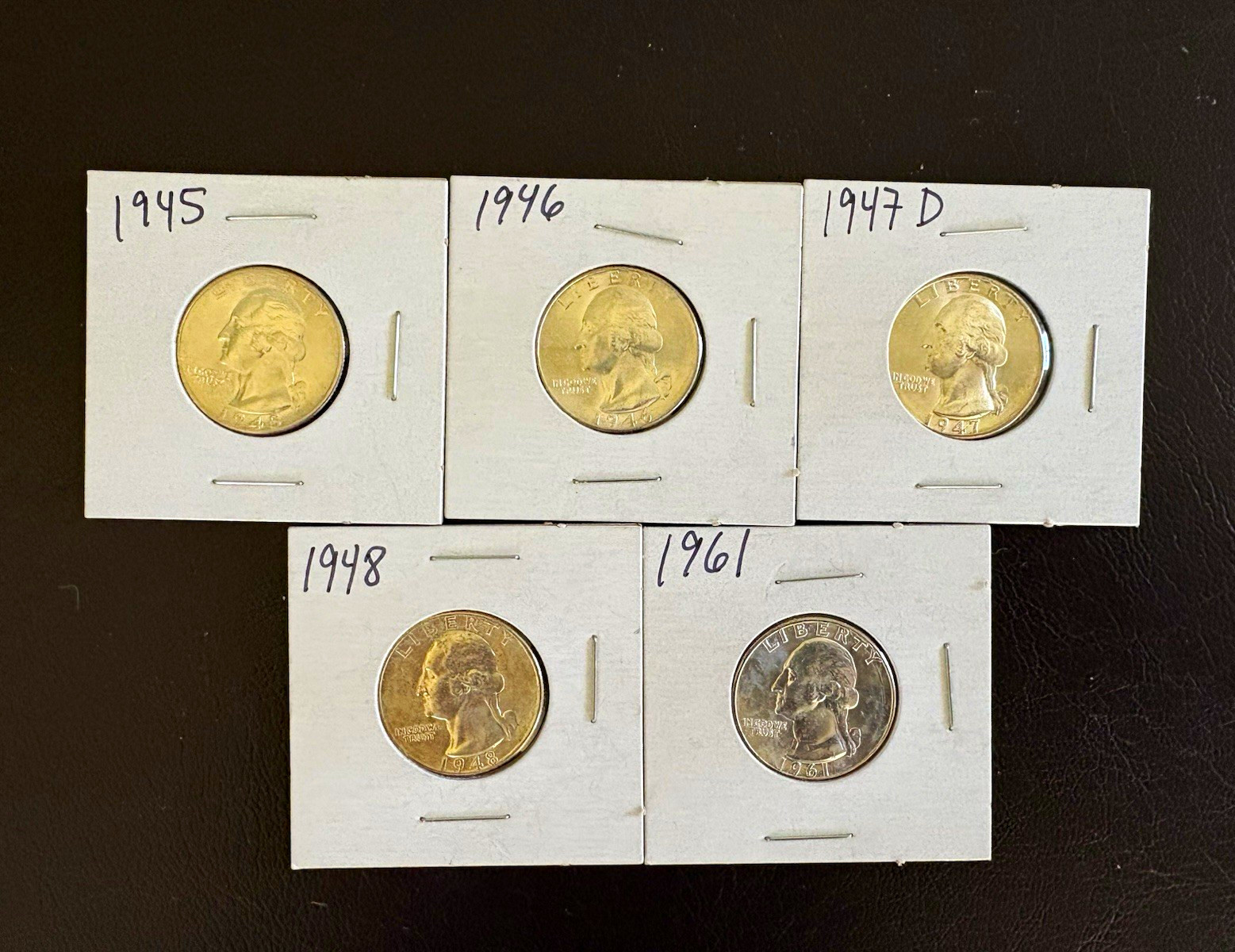 Five Uncirculated 90% Silver Washington Quarters — 1945, 1946, 1947D, 1948, 1961 Five Uncirculated 90% Silver Washington Quarters — 1945, 1946, 1947D, 1948, 1961