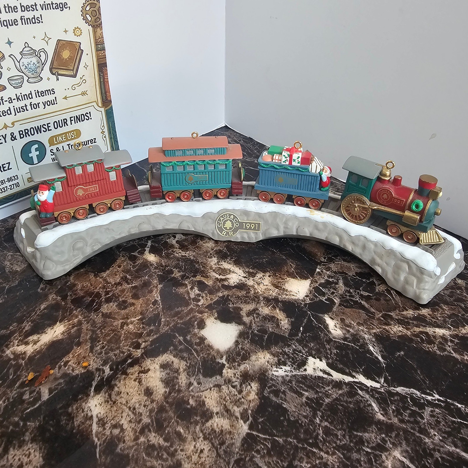 Vintage 1991 Hallmark Claus & Co RR Train Ornament Set with Snowy Track Display